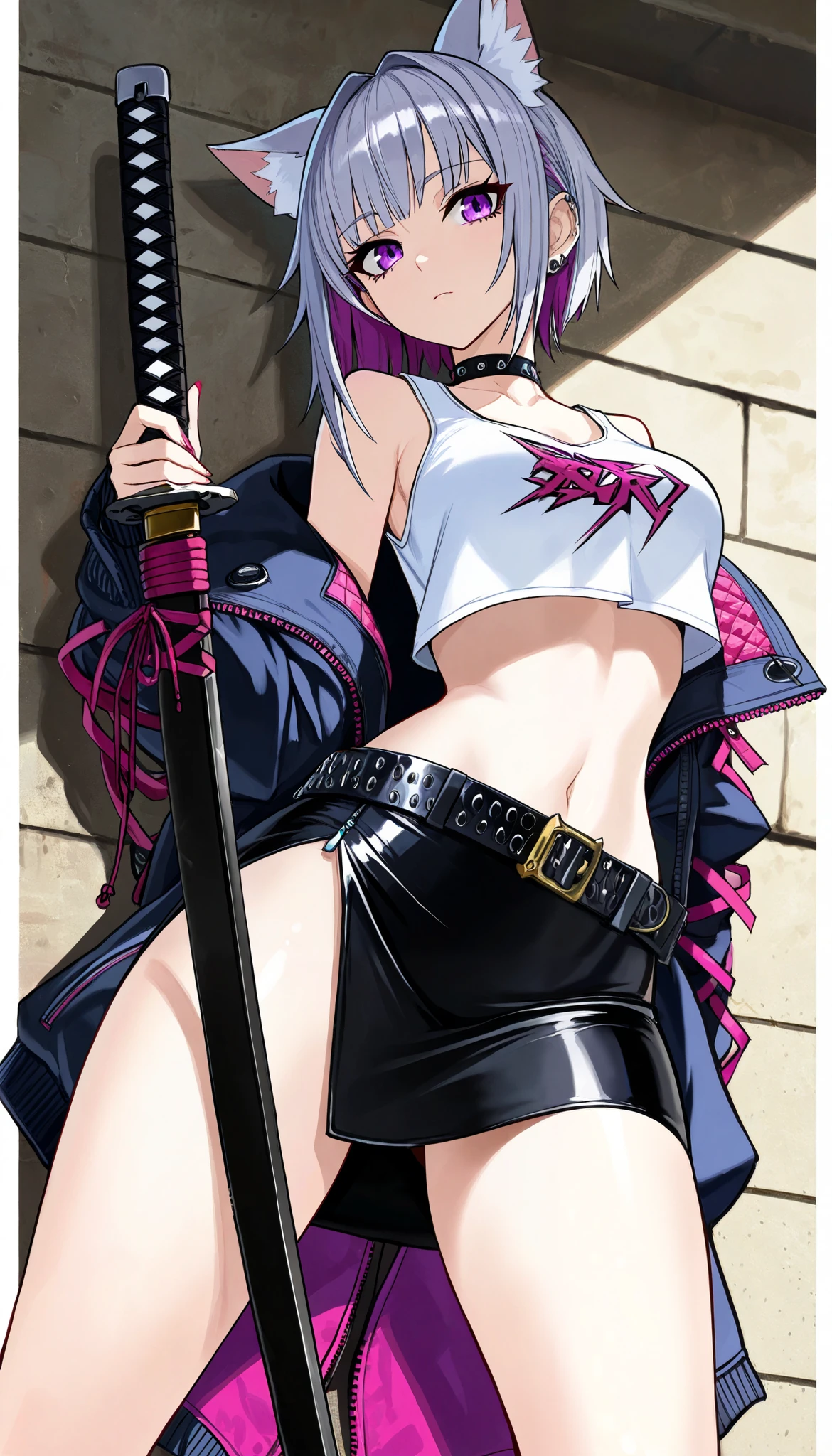 (best quality, highest quality:1.2), masterpiece, top quality, ultra high definition, rich contrasts, HD,8k, High Definition CG Unit Wallpaper, texture , Unbelievably Absurd, ultra high definition, RAW photos ,Deep border 1 .2, very detailed, spread legs, public indecency, back alley, weapon, katana, waist holding katana:1.5, perfect katana,
(girl:1.3), 1girl, solo, (purple silver middle hair, cat ears, purple eye, White crop top, put on a off shoulder black open hoodie, black slit skirt, leather belt, katana), cyber punk, dim body, curvy, no curves, narrow hips, Expressionless,