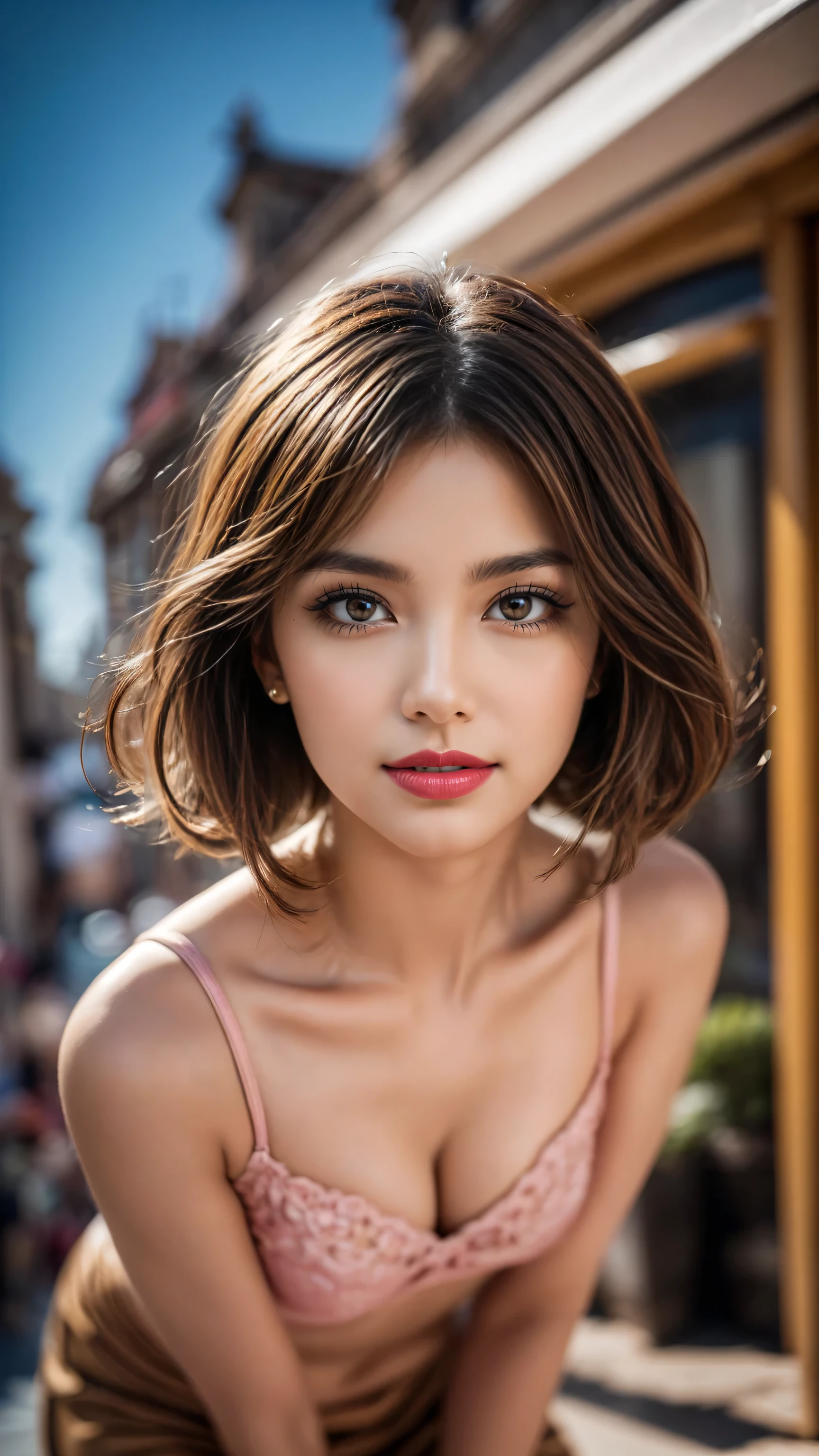 Realistic (photorealistic Realism), (high resolution), ((intricately detailed digital art)), professional photography, (portrait) a cute 1 Female, European, (ultra realistic texture details: velvety skin, hair),((sharp focus, no blurr eyes, high resolution, absurd quality, Realistic brown_eyes:1.4),intricately detail:1.35),((extremely fine details eyes))((extra narrow eyebrows))(Carefully draw Long blue_eyelashes:1.2)(perfect round eyes:1.3).((finely detailed pupils:1.3))((extremely fine details pupils:1.3))((extremely fine details iris of the eyes:1.35))(Shining, mesmerizing, Vibrant eyes:1.22).(professional makeup:1.4)((perfect dark_eyeshadows:1.4)),detailed lips:1.3,(apply glossy red_lipstick:1.3)(pink_makeup:1.28), (beautiful little nose), (perfect proportions:1.2),(small head),(anatomically correct), perfect female body, Wear an off-the-shoulder, full bodyesbian, Old luxurios villa with a beautful oasen view, detailed lips:1.3, (apply glossy red_lipstick:1.35), (pink_makeup:1.3), (professional makeup:1.4), (perfect proportions:1.2),(anatomically correct), perfect female body, (Super beautiful), (vivid and colorful), The attention to detail, focus of girl, dynamic pose, sexy and seductive, flirty smile, (perfect composition), ((full body shot))