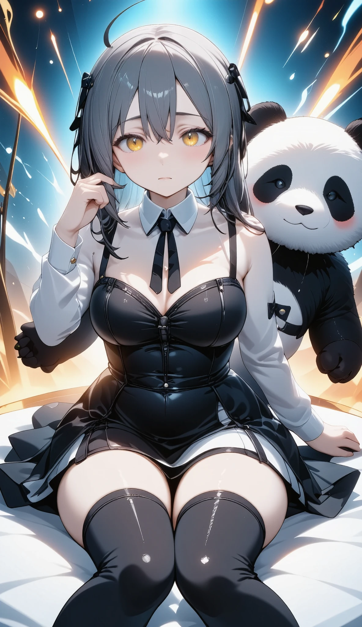 Anime調、Anime、 Comic 、(masterpiece:1.3, top quality :1.3, detailed depiction :1.3, high resolution :1.3, 高品質Anime絵画 ), ( 1 girl\ gothic ta, Big black boots , White and Black Striped Tights , plush man-eating panda ), ( gray hair , yellow eyes, Small face:1.37), ( ファンタジーAnimeーションアート , Great use of color , Best Color Expression , Amazingly Beautiful Color Expression