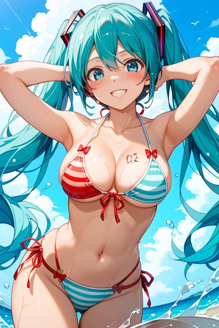 (((anime-style cute face)))、(((nude))),(((Hatsune Miku))),Highest quality, (Sharp details), (8k, RAW Photos, Highest quality, masterpiece), (looking at the camera),(Ahegao)、Very big eyes、anatomically correct body、Big thighs、The face is bright、Healthy small breasts、Cleavage、Nipples、Beautiful areola、（Lewd）Lots of sweat、Big female genitals are pink（（Sexy pose））micro bikini pink、Super frilly miniskirt、