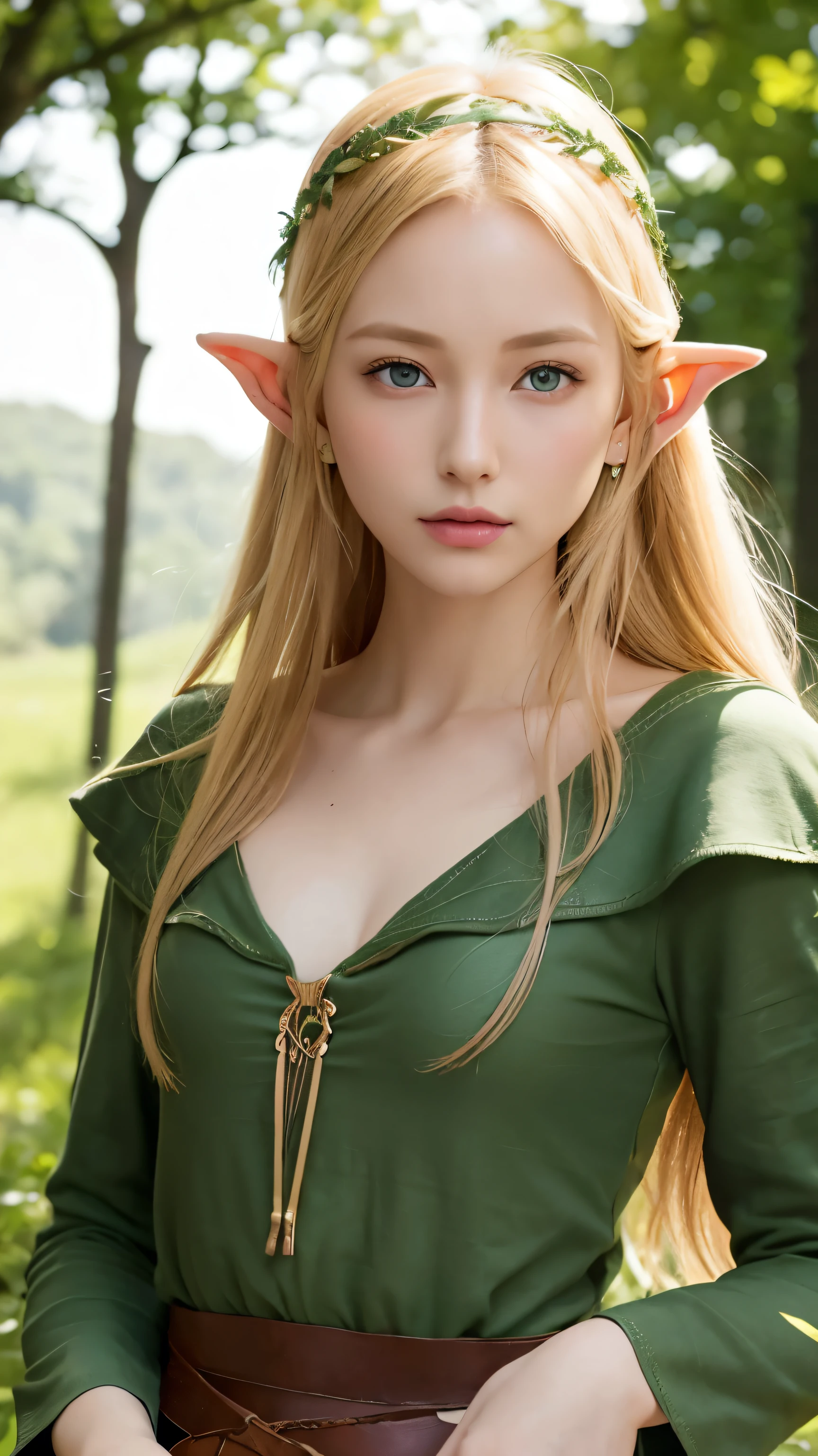 sunlight, full upper body, so huge breasts, elf woman in a green dress, green bright eyes, 1girl, white skin, diamond face shape, Hot topics on artstation, Fantasyart, portrait of an elf queen, Belle peinture de personnage, Stunning character art, Epic and beautiful character art, blond-haired princess, medieval princess, fairy queen, fantasy art style, cinematic lighting, masterpiece, accurate, anatomically correct, textured skin, super detail, high details, highres, 8k, grass field backround