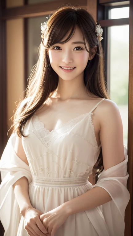 (8k, RAW photograph, highest quality, masterpiece:1.3),(Genuine,photograph:1.37),(Looking at the audience:1.331),Pause,One girl,とてもbeautiful顔,small,Hair weight,Fluffy hair,Random representation,Smile with the corners of your mouth,Big eyes,highest quality Hair,((highest quality)), ((masterpiece)), (detailed), whole body、wallpaper、Attention to detail、Perfect balance、Tight waist、Chestnut Hair、beautiful, Beautiful Skin、beautiful white skin、Russian Beauty、(masterpiece:1.3), 一眼レフphotograph、Best image quality: 1.4, (Rough long hairstyle:1.2)、Soft bust、Cleavage:1.4、Loose-fitting clothing