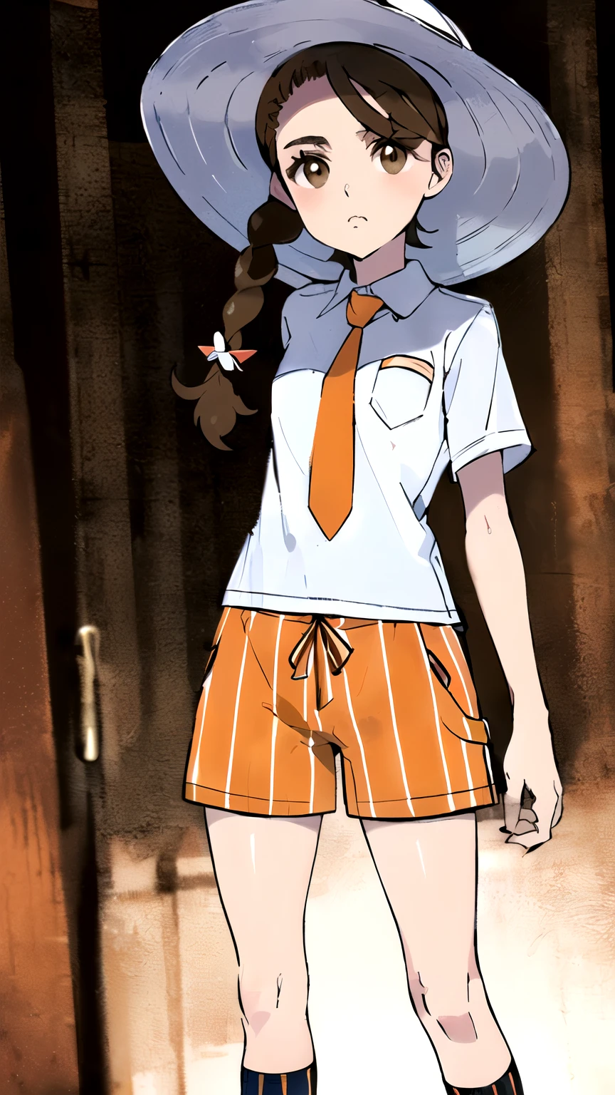 (masterpiece,best quality)), { Sugimori_Ken_artstyle_LoRA(1.2( : Manga_Style } {horror_edit} {horror_edit : creepy_room_aura} } { :(pokemonjuliana, braid, (brown eyes:1.5), brown hair, hair ornament, hairclip, side braid, single braid, swept bangs,, perfectly_small_shape_breast : perfectly_slender_body : ite } { blue headwear, white shirt, breast pocket, collared shirt, hat, kneehighs, naranja academy school uniform, necktie, orange necktie, orange shorts, pocket, school uniform, shirt,, short sleeves, shorts, striped, striped shorts, sun hat,} {standing : obedient : hands_behind_head } { no_emotion : hypnotic_eyes : hypnotized_eyes : lazy_eyes} { sweating : } { : dark room : : messy}