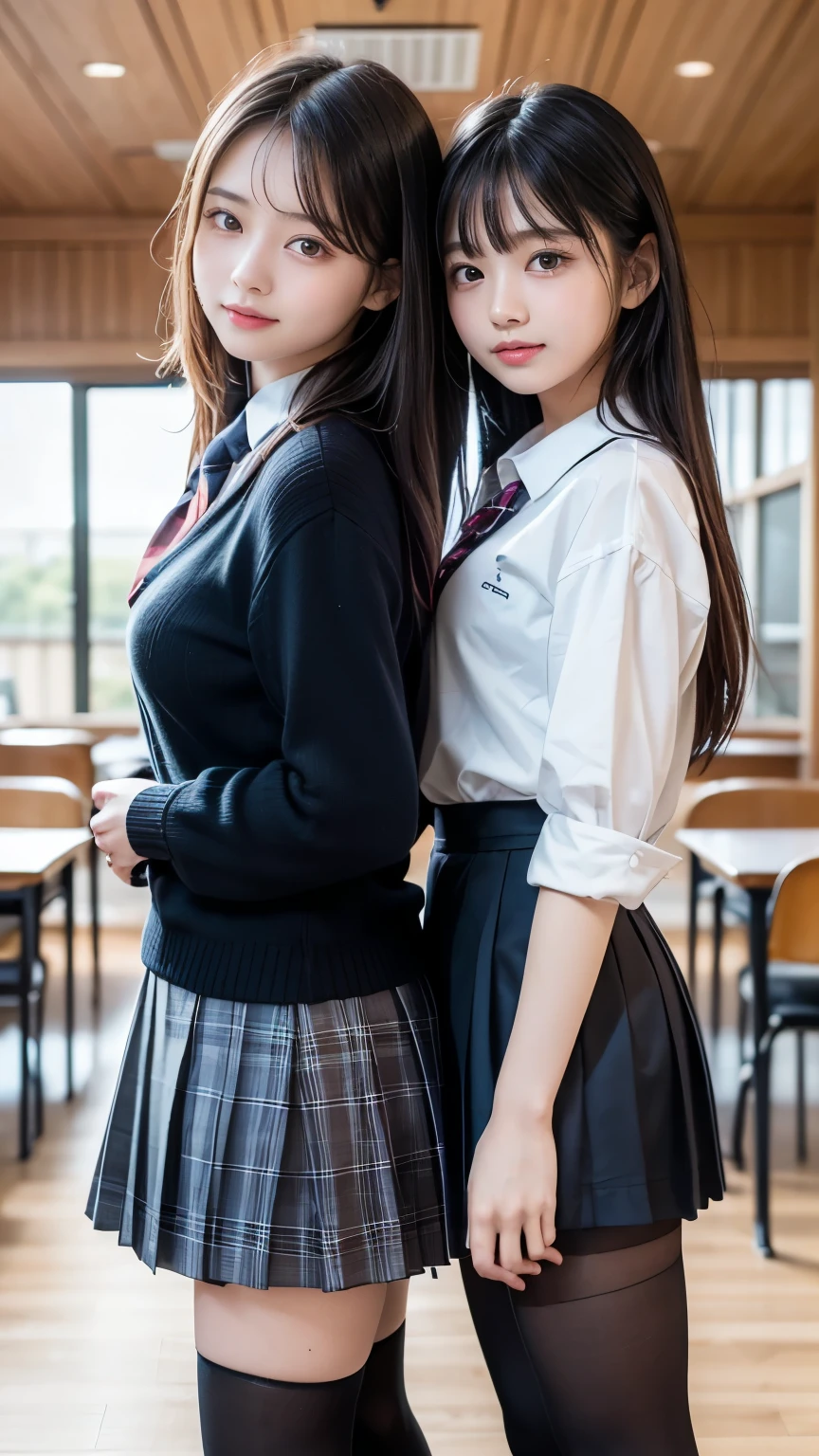 ((masterpiece)),(((最 High Quality ))),(( character design sheet)), Thin Thighs, long legs , ( two girls :1.5), beautiful, Japanese , 18 years old, 2, (( high school students, high school girl))、(Intimate Relationships, short skirt、 Plaid Pleated Skirt ),((uniform、school uniform、Button-up blouse、ribbon))、(Ultra-realistic black tights:1.3),(( big breasts、Big Breasts, mega breasts ))、 (smile), (bangs), high waist with her, (School, indoor)、( Medium Chest :1.3), long legs 、 Thin Thighs、 sit in a chair、(( View from below ))、 high resolution, anatomically accurate, 最 High Quality , high detail, high resolutionモデル, High Quality , very detailed, Ultra Fine,