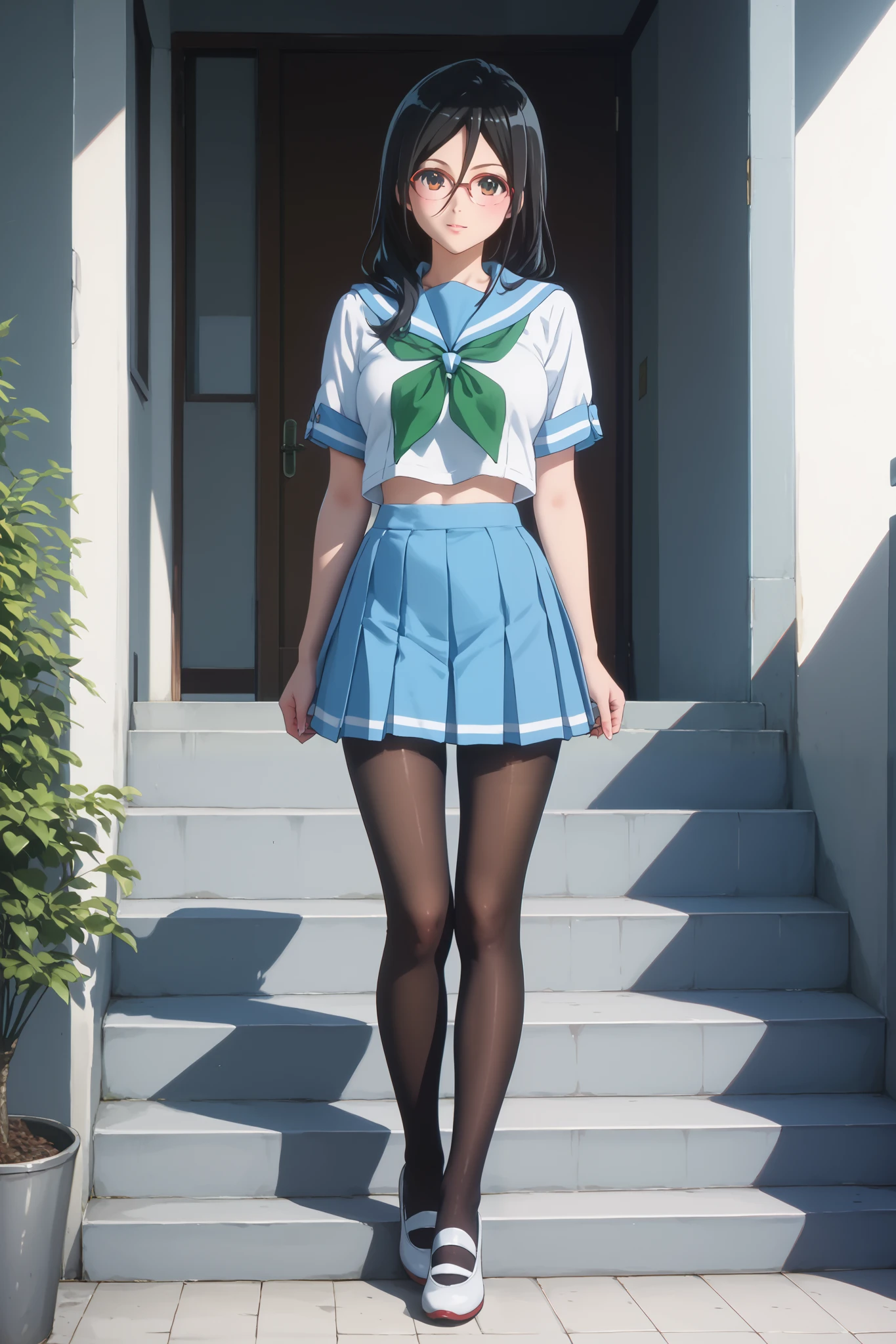 (inspired by Asuka Tanaka ),((inspired by Japanese school girl))(masterpiece, best quality),beautiful, ultra realistic, beautiful-woman, ((detailed face)).(full body:1.3)., The woman is wearing school uniform and black pantyhose,she is wearing a light-blue sailor-school-uniform with a green neckerchief and a light-blue skirt, sailor collar,half sleeves,(red-framed glasses:1.2), black hair,