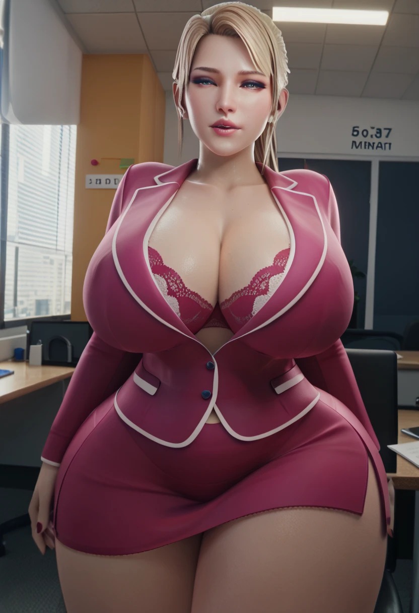 Blonde Shorthair　Glasses　white blouse　black tight skirt　stockings　lanyard id card　35 years old　red rouge plump lips　round face　Plump　Eyes meet　Office on the top floor of a skyscraper　secretary