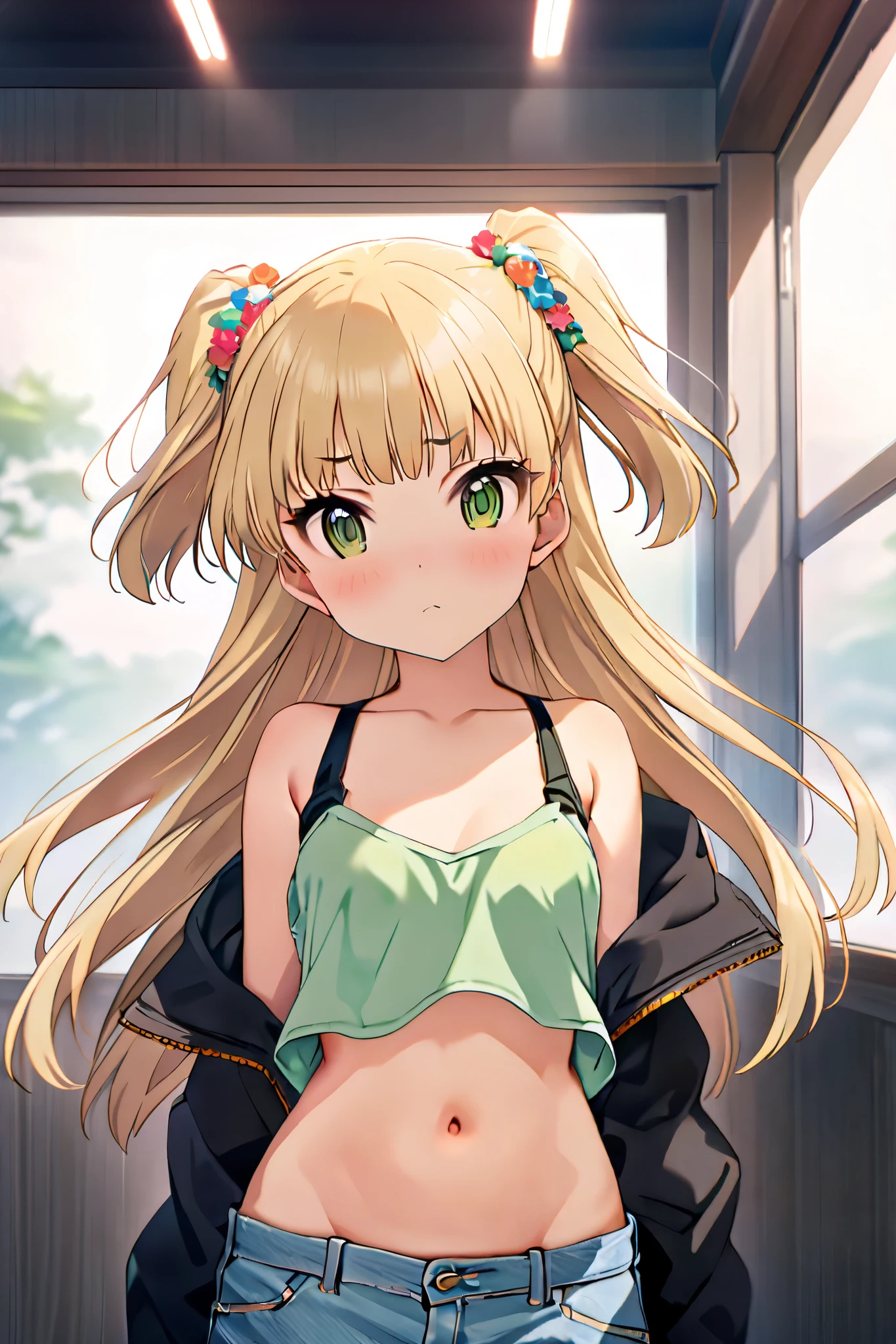 NSFW,masterpiece, best quality, high resolution, very detailed,Rika Jogasaki、Petite、 long hair、 blonde hair、 two side up、bangs、 hair ornament、 green eyes、 small breasts, jacket , tank top, Crop Top , denim shorts that show your stomach just a little,Groin,Low rise