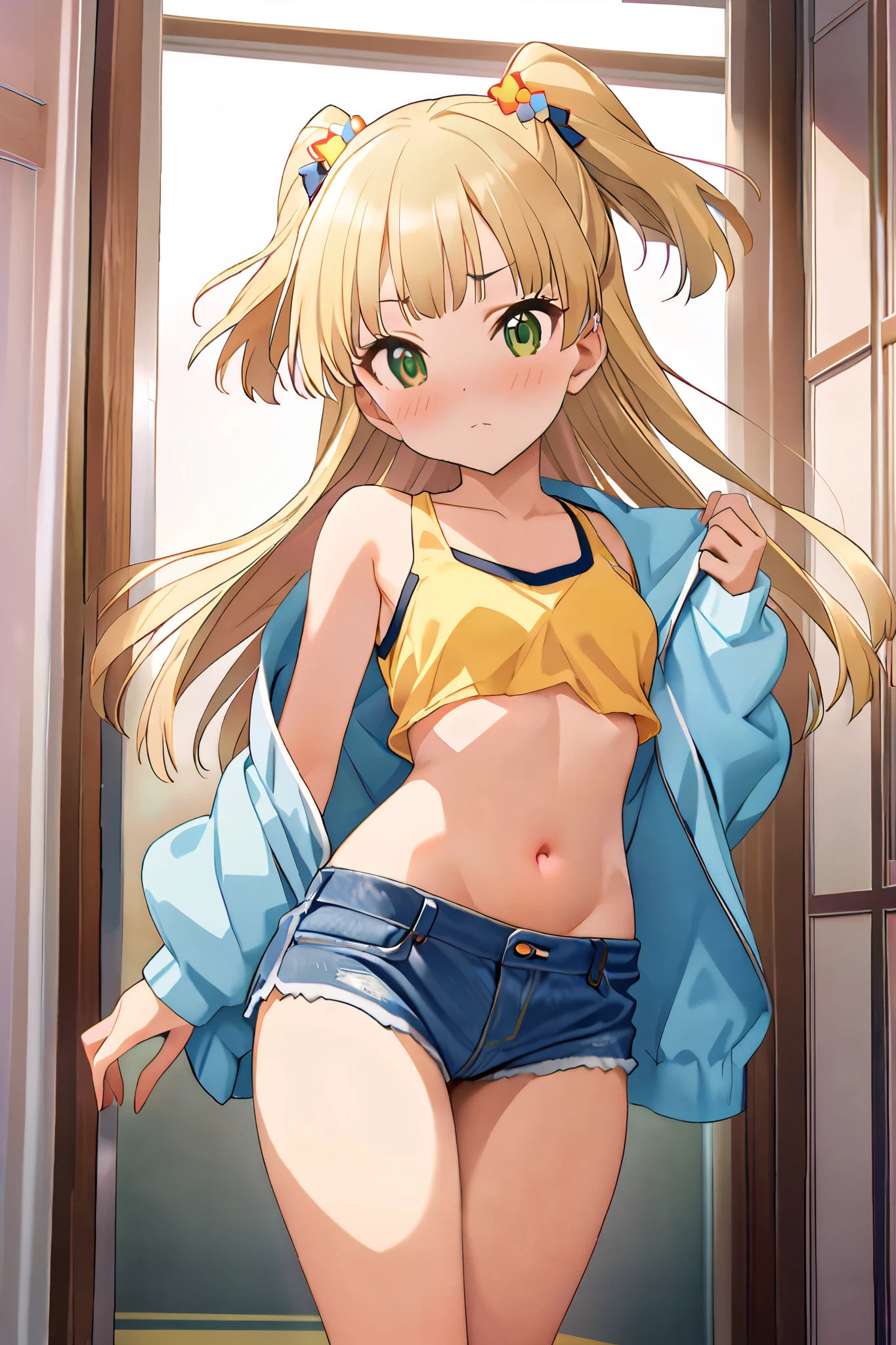 NSFW,masterpiece, best quality, high resolution, very detailed,Rika Jogasaki、Petite、 long hair、 blonde hair、 two side up、bangs、 hair ornament、 green eyes、 small breasts, jacket , tank top, Crop Top , denim shorts that show your stomach just a little,Groin,Low rise