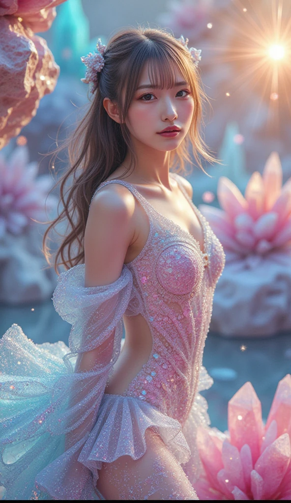 bioluminescent dress（Quality Improvement：1.4），1 Girl, Full breasts，Visible cleavage，Sexy long legs，The skirt is very short，She gently lifted her skirt with one hand,Surrounded by white Phalaenopsis orchids，Lilac dendrobium、White Lily, Flying petals，（Top quality leather), Delicate face,Black Hair, Gradient hair, Body,（Body1.1）, He has a precious gem on his forehead.., outstanding student，Long eyelashes,Smile, Surrealism, Movie Lighting, Projection Insert, Surrealism, Ultra HD, masterpiece，lie，Keep dreaming，Open your legs slightly.，Tattoo，Fantasy Space，Luxurious space，Exquisite makeup，blush，Shy expression