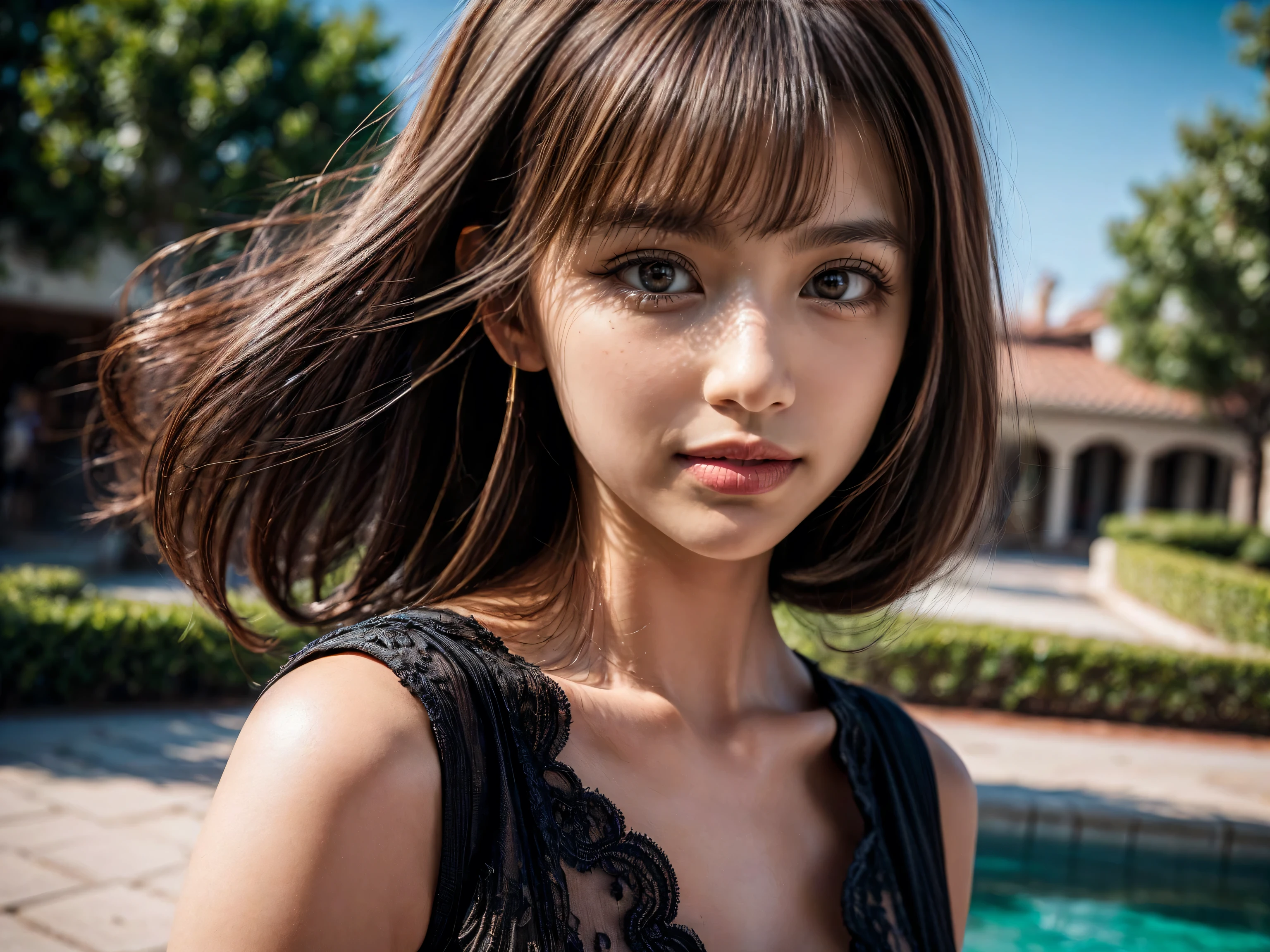 Realistic (photorealistic Realism), (high resolution), ((intricately detailed digital art)), professional photography, (portrait) a cute 1 Female, European, (ultra realistic texture details: velvety skin, hair),((sharp focus, no blurr eyes, high resolution, absurd quality, Realistic brown_eyes:1.4),intricately detail:1.35),((extremely fine details eyes))((extra narrow eyebrows))(Carefully draw Long blue_eyelashes:1.2)(perfect round eyes:1.3).((finely detailed pupils:1.3))((extremely fine details pupils:1.3))((extremely fine details iris of the eyes:1.35))(Shining, mesmerizing, Vibrant eyes:1.22).(professional makeup:1.4)((perfect dark_eyeshadows:1.4)),detailed lips:1.3,(apply glossy red_lipstick:1.3)(pink_makeup:1.28), (beautiful little nose), (perfect proportions:1.2),(small head),(anatomically correct), perfect female body, Wear an off-the-shoulder, full bodyesbian, Old luxurios villa with a beautful oasen view, detailed lips:1.3, (apply glossy red_lipstick:1.35), (pink_makeup:1.3), (professional makeup:1.4), (perfect proportions:1.2),(anatomically correct), perfect female body, (Super beautiful), (vivid and colorful), The attention to detail, focus of girl, dynamic pose, sexy and seductive, flirty smile, (perfect composition), ((full body shot))