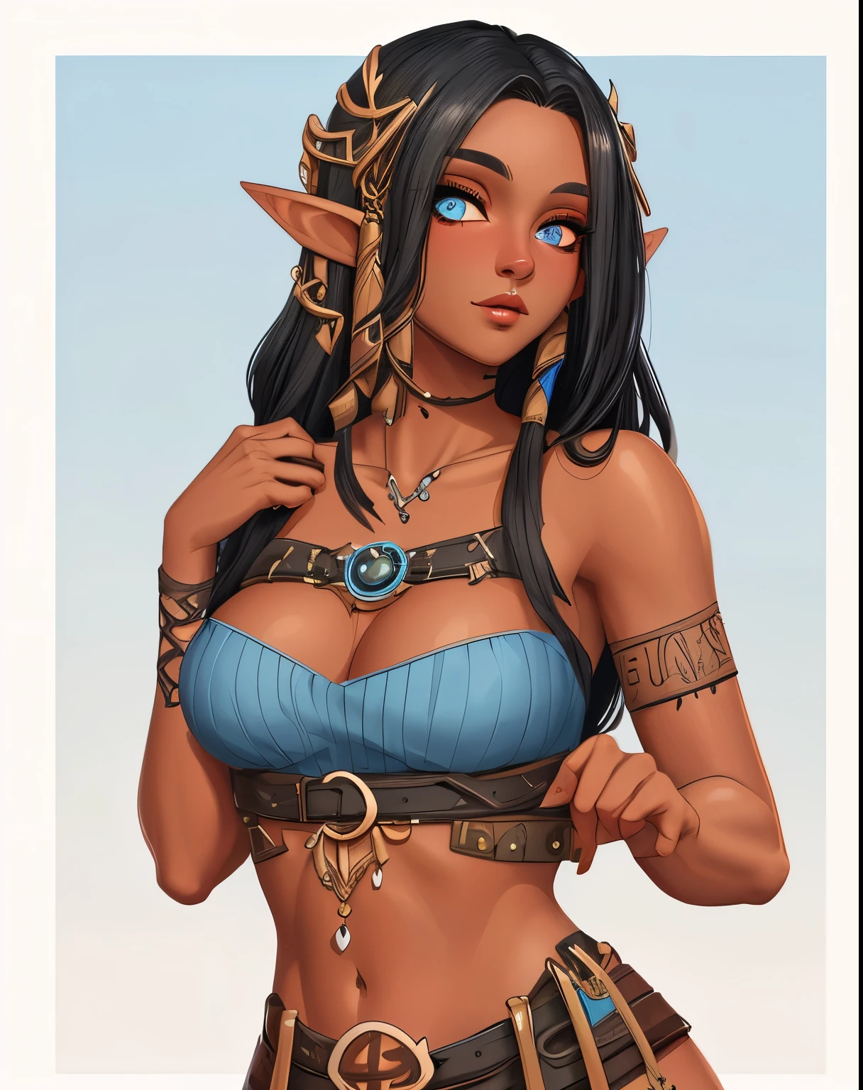 black hair,hunter ebony elven girl sexy with fair skin, blue eye,