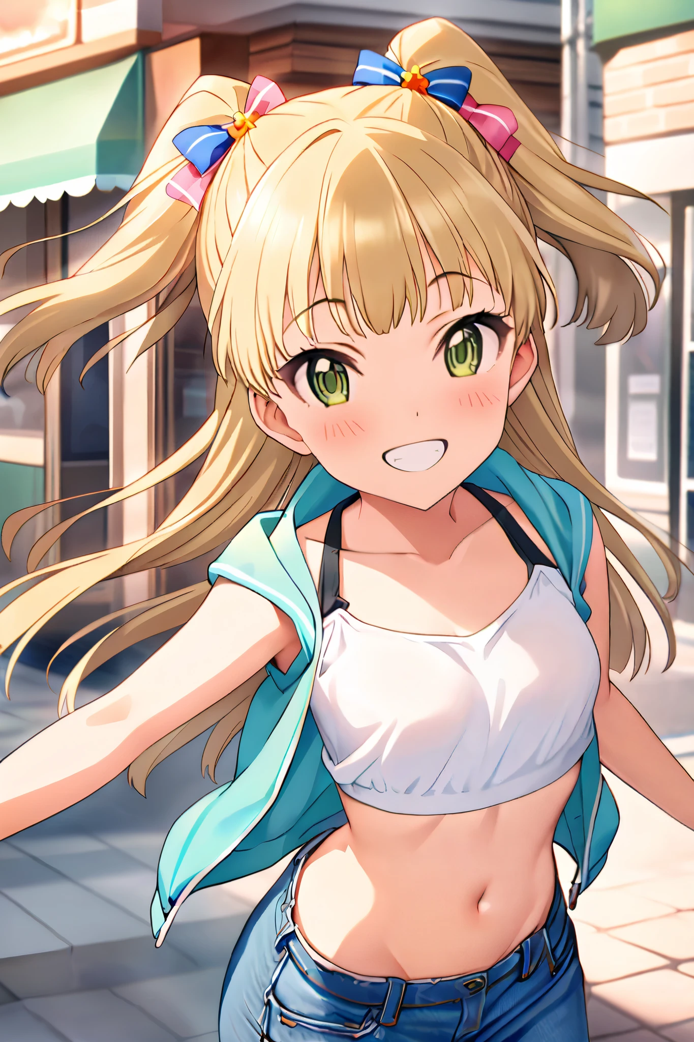 NSFW,masterpiece, best quality, high resolution, very detailed,Rika Jogasaki、Petite、 long hair、 blonde hair、 two side up、bangs、 hair ornament、 green eyes、 small breasts, jacket , tank top, Crop Top , denim shorts that show your stomach just a little,Groin,Low rise, Happy Smile , downtown