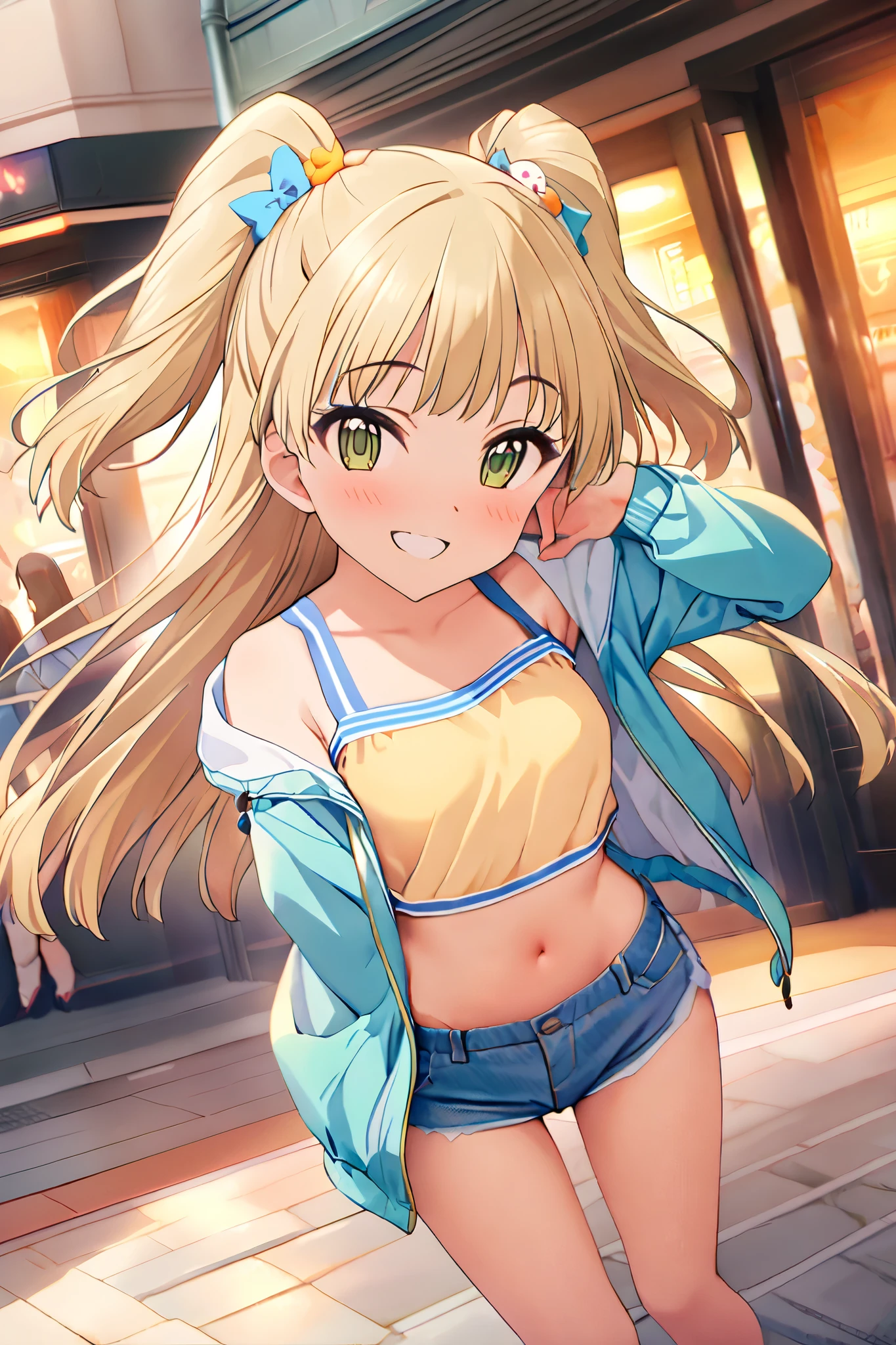 NSFW,masterpiece, best quality, high resolution, very detailed,Rika Jogasaki、Petite、 long hair、 blonde hair、 two side up、bangs、 hair ornament、 green eyes、 small breasts, jacket , tank top, Crop Top , denim shorts that show your stomach just a little,Groin,Low rise, Happy Smile , downtown