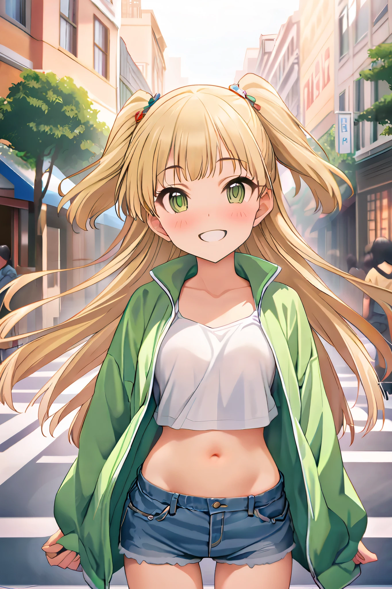 NSFW,masterpiece, best quality, high resolution, very detailed,Rika Jogasaki、Petite、 long hair、 blonde hair、 two side up、bangs、 hair ornament、 green eyes、 small breasts, jacket , tank top, Crop Top , denim shorts that show your stomach just a little,Groin,Low rise, Happy Smile , downtown