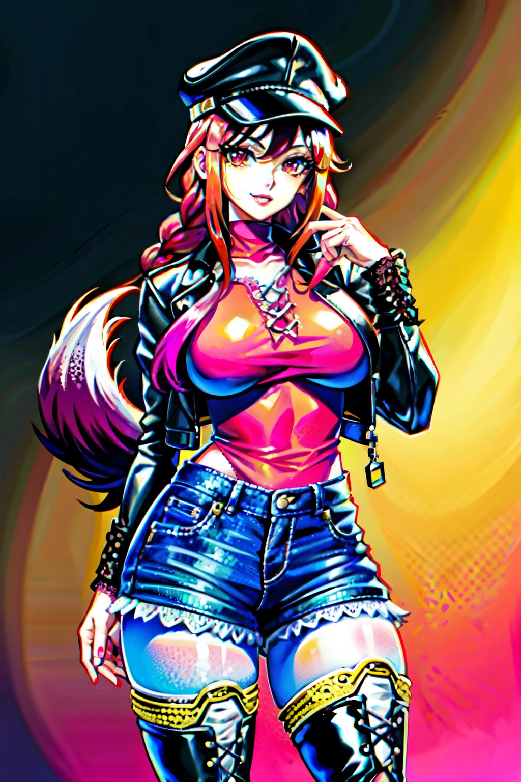 Garota anime ruiva usando black leather jacket and blue leather pants, 16 anos, corpo bonito, botas pretas, bota de couro, seios grandes, com uma mão na cintura e hand in her hair, hand on hip, hand in her hair, garota sexy, red hair with braid, gorgeous lighting, sombras suaves, olhos azuis, pernas bonitas, hair with braid, estilo anime, Ranma Chan, Autora Rumiko Takahashi, Baseado em obra de Rumiko Takahashi, Anime Ranma 1/2, seios grandes, decote sexy, quadril robusto, corpo inteiro, corpo inteiro, Seios lindos, garota jovem com corpo belo e bonito, botas pretas, bota de couro, black leather jacket and blue leather pants, blusa branca por baixo, garota anime sexy, garota 16 anos, jovem , peituda, gesto sexy