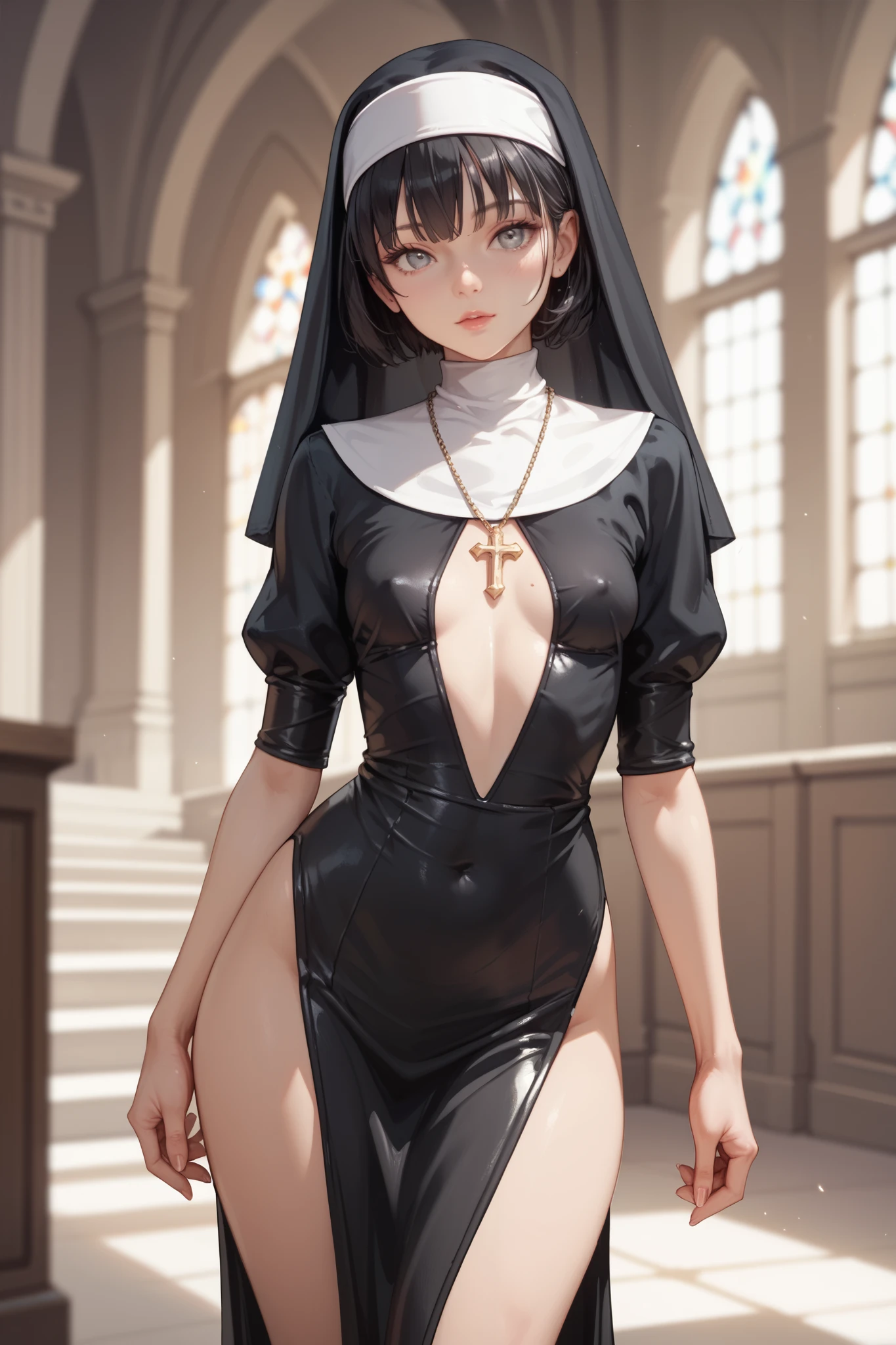 (masterpiece, best quality), 1girl, <lora:nun_1:0.8> nun_1, black cross leotard with shoulder cutouts, side cutouts, habit