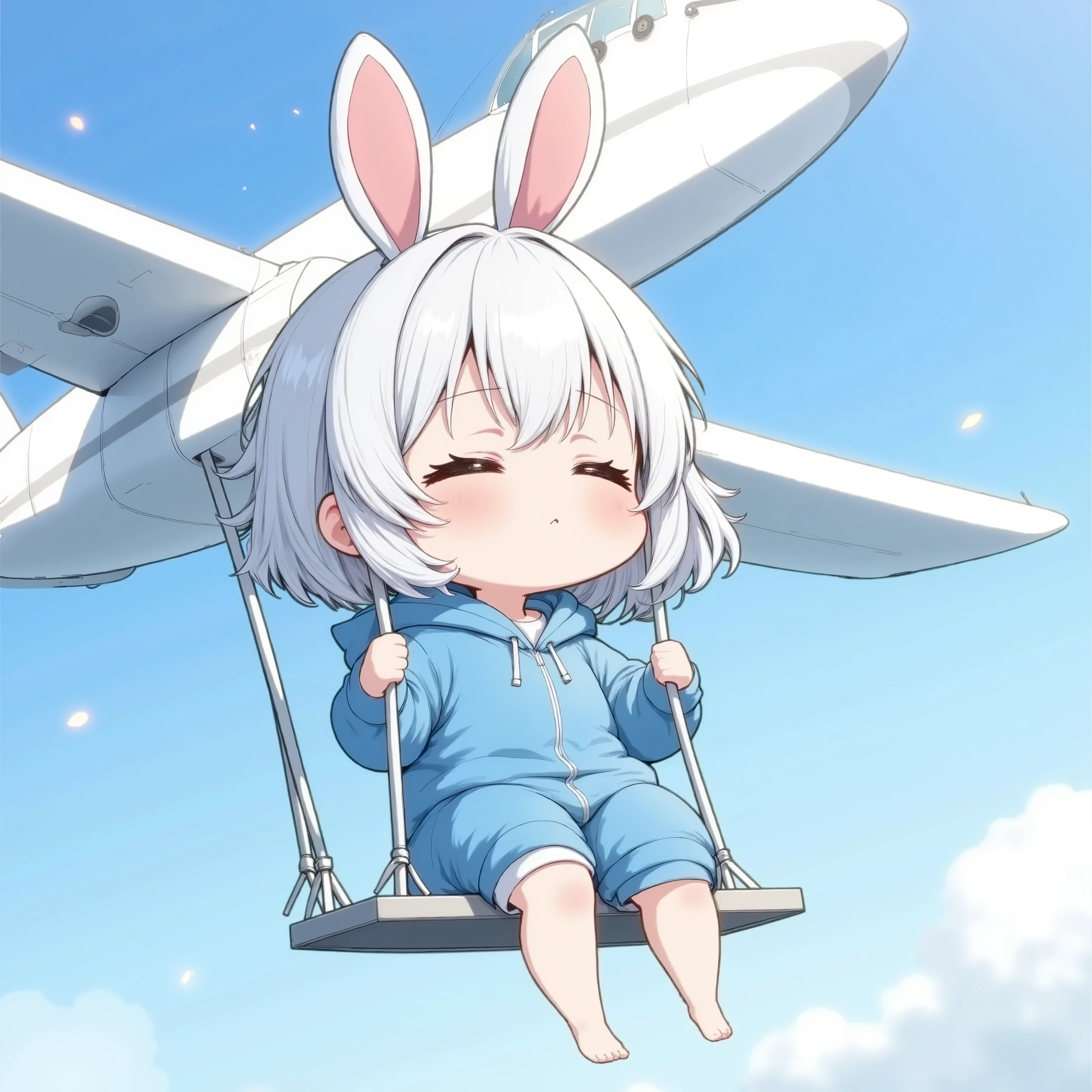  Sleepy little character wearing a blue wide-fit knee-length hoodie 、I'm on a swing attached to an airplane 、She sits holding both bridges on the swing, wears 、The swing has strings attached to both wings of an airplane、The plane is flying towards the right side 。The plane is flying at a very high speed 、 the speedline effect is occurring parallel to the plane、 Her face looks very weak,  It's a modern airplane 、Peaceful atmosphere of everyday life 