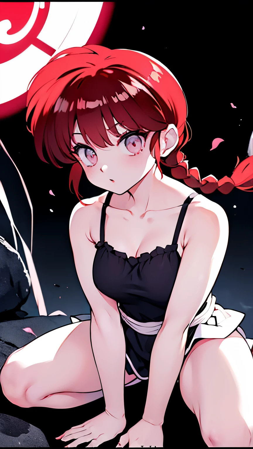 Classic Anime『Ranma 1 /2" Ranma ( girl ), 』 vampirification has progressed quite a bit, long, silky red hair sparkling , My pigtails unraveled and fluttered in the wind, cute and elegant , black camisole and shorts , red fluorescent neon eyes , red nails, White skin and healthy, plump, soft thighs、Become erotic、夜の誰も気いない公園に腰掛けている
standard and healthy typical high school girl 's body shape, I want blood and it seems crazy , I'm afraid to attack my friends for blood , I'm afraid of losing my human mind . I have Xu 々 I have been demonized by 、 girl 座りしている