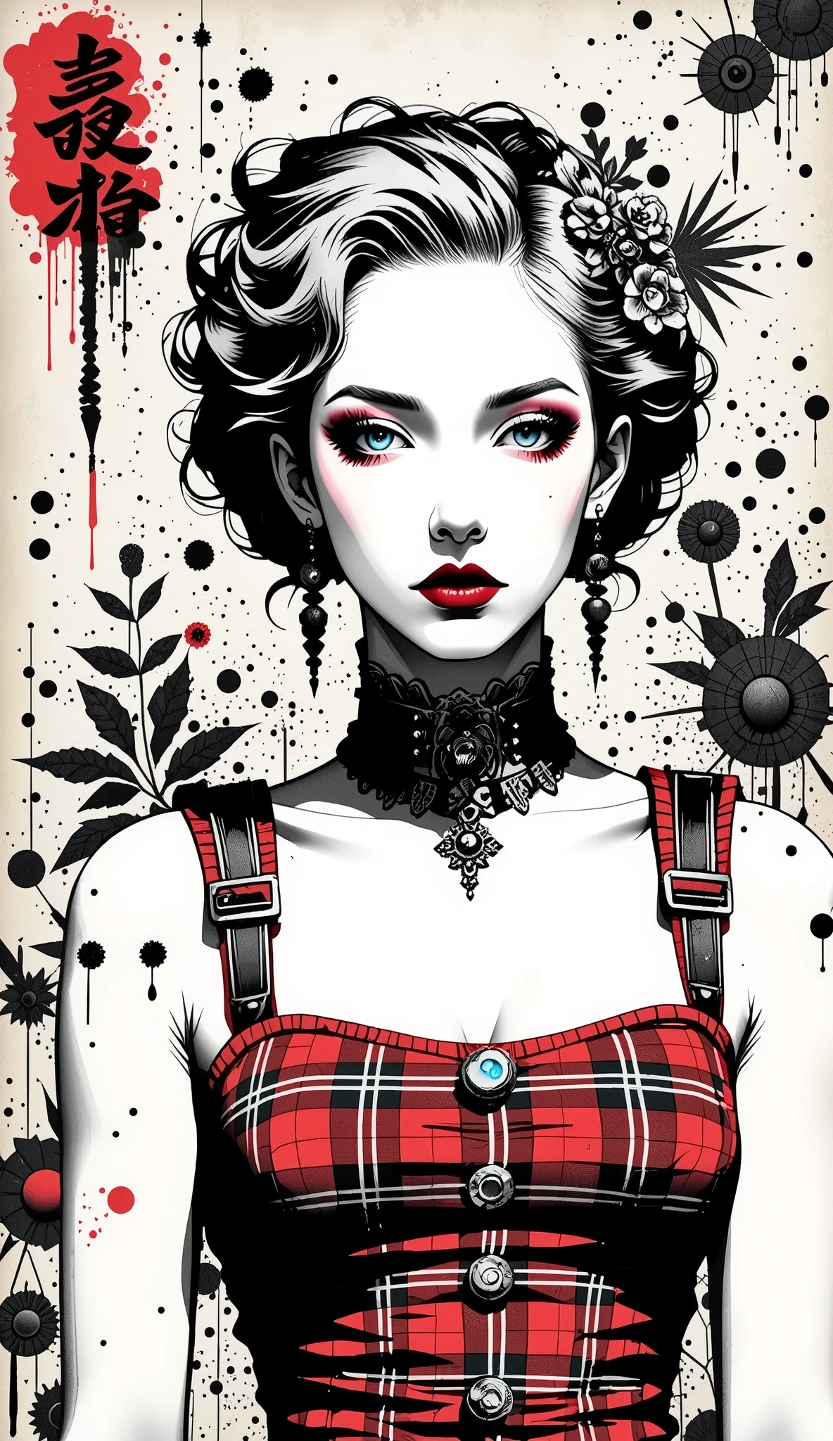 best quality, illustrator anime, style retro classic, master piece:1.5、(minimal art, line drawing), woman、Black and white art:1.2、lips are red、Black and white world、silence、An ennui look、Densely drawn, red plaid tank top, huge breasts,