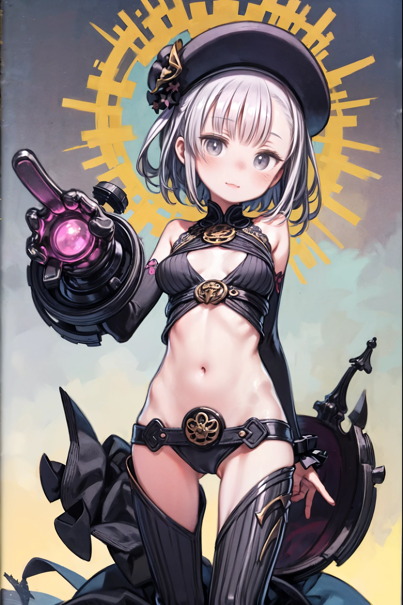 (master part, best quality, ultra-detalhado), 1girl, BriarLoL, pele cinzenta, cabelos brancos, short hair, (orelhas pontudas, dentes afiados), Olhando para o Viewer, (parte superior do corpo), perna, pernas agitadas, petite body, small tits, clothed, clothes