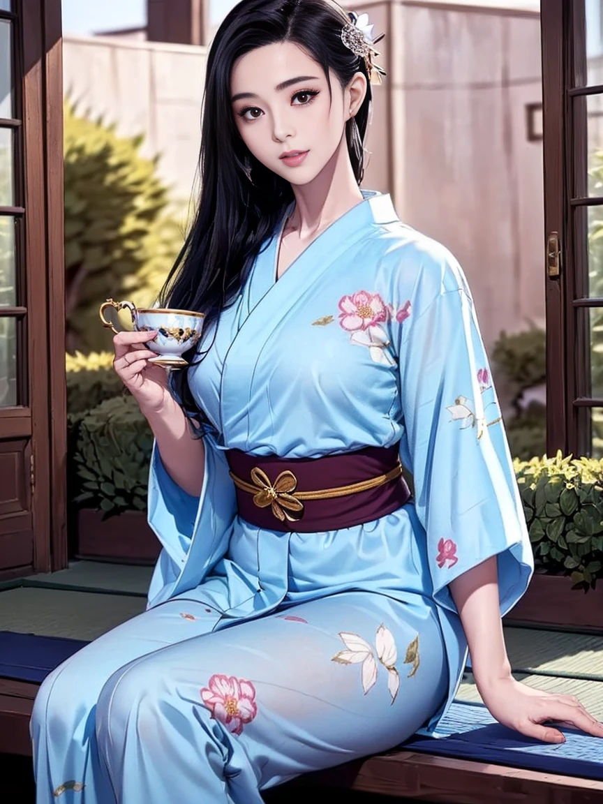 Masterpiece, Best Quality, Official Art, 8k Wallpaper, Very Detailed, Illustration, 1 Girl, Sky Blue Hair, Long Hair, Detailed Eyes, Forrest Gump, Bare Shoulders, Hanfu, Lake, Pure, Soft Smile, bamboo, tea