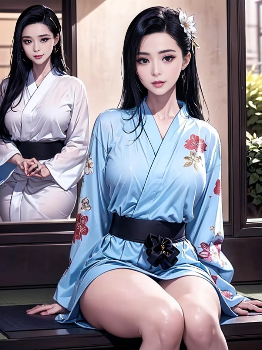 ulzzang -6500-v1.1,(Raw foto:1.2),((Photorealsitic:1.4)),top-quality,​masterpiece, illustratio, extremely delicate and beautiful, extremely details CG,Unity,8k wallpaper, astonishing、finely detail, Official art,absurderes, Incredibly ridiculous, huge filesize, Ultra-detail, hight resolution, (Raw photo, Best Quality, Mastery:1.2), (Realistic, Photorealsitic:1.4), (masuter piece:1.4), (Best Quality:1.4),1girl in、Cowboy Shot, solo、looking at the viewers、blue eyess、A darK-haired、hair adornments、common、kimono、makeups、lipsticks、hair stick, perfectly proportions, Perfect growth, Pretty curvy, Big Tits, The thighs are raw、red kimono、kanzashi、layered clothes、Art Parody、Glossy, Bewitching,