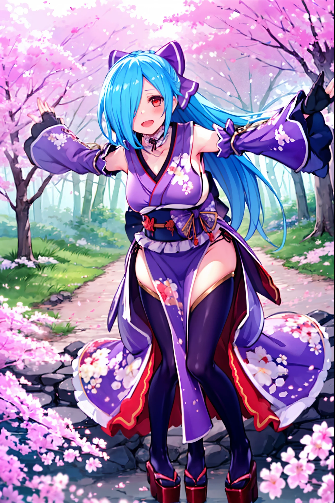 masterpiece, best quality, (1girl, solo),
yamato iori, ung__girl, virtual youtuber, solo, gloves, bow, hair bow, long hair, hair over one eye, thighhighs, blue hair, fingerless gloves, red eyes, japanese clothes, full body, detached sleeves, ponytail, black gloves, very long hair, (heavy&soft_large_breasts:1.4), purple bow, kimono, smile, open mouth, transparent background, standing, sash, obi, purple kimono
blush,cherry blossoms,
( outdoors, forest,,  dynamic pose, looking at viewer, ),plump,raise_arms,