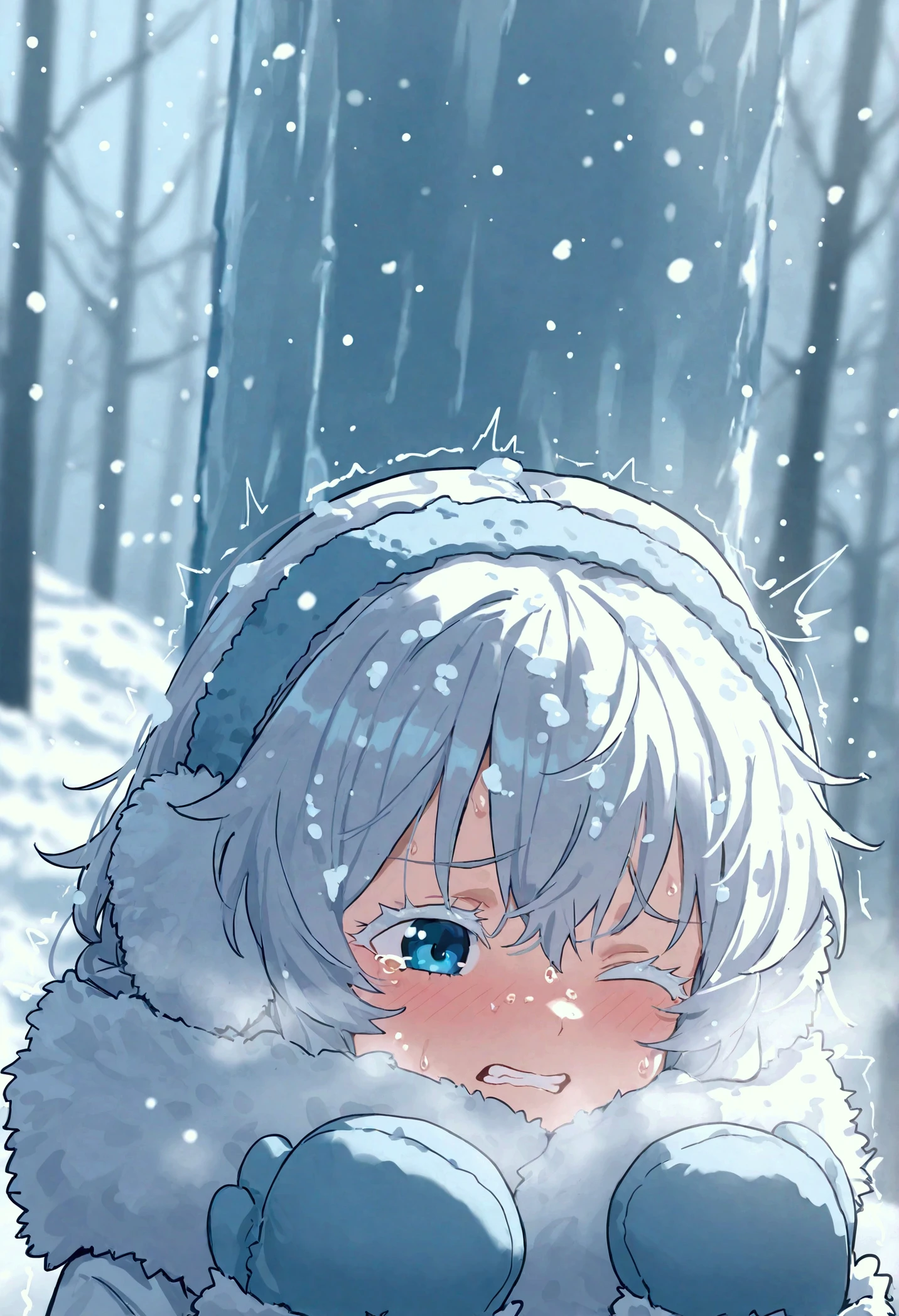 In the snow, girl shivering in the cold , the fluffiest fur coat , hanging a scarf on her face , Frozen hair , clench your teeth in Japanese, the fluffiest fur coat , add surprising lines , in the frozen snow forest , surprised breathing , big bulky fur coat , coat that covers her neck , snowy face , One eye closed, squinting, I'm hugging someone, White eyelashes, Snow on the hair, Teary-eyed, cute and angry , superior, fluffy fur mittens gloves , x} large fluffy earmuffs {x} I'm wearing a warm fluffy winter fur coat, fluffy scarf, is snowing, 「Brrrr ...」 trembling line , snow covered body, icicles growing on clothes and hair ,