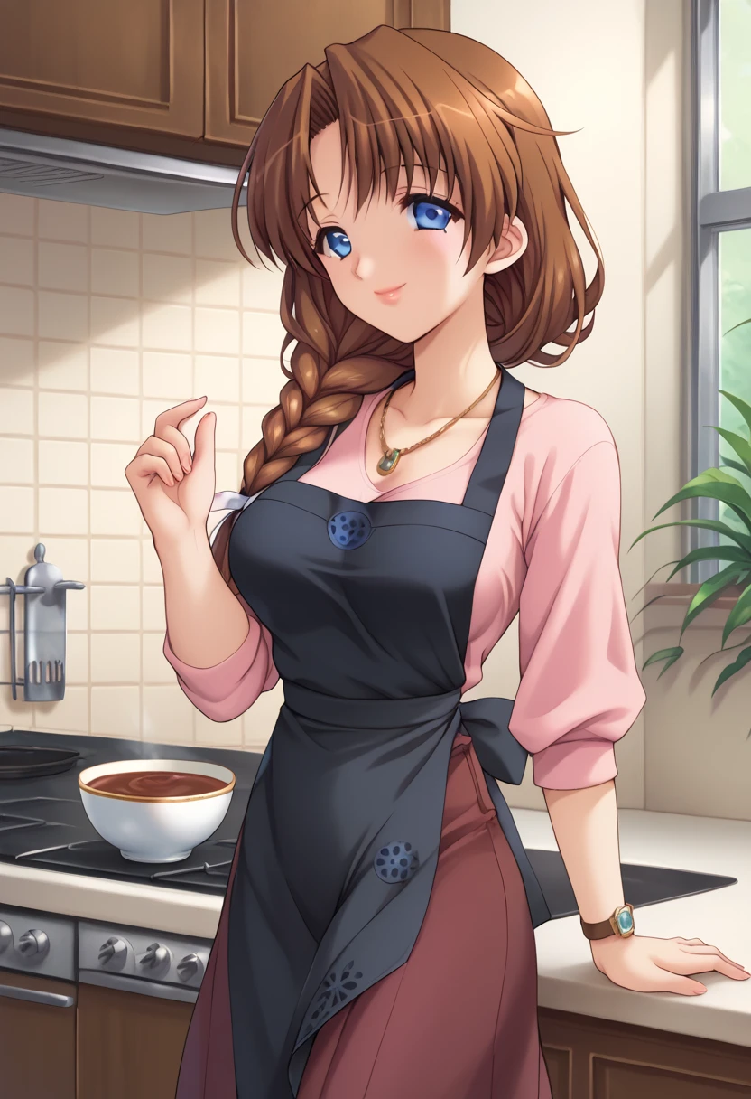 Hasuma Kanae /Hasuma Kanae, Tsumamigui ,  1 girl in the best, Alone, Golden Bough,   tea hair, 紫色の目,  braids,  single,  shoulders with chocolate,  necklace,  big breasts,  pink shirt,  apron, burgundy skirt,  indoor, kitchen, smile,   tied his lips,  while zazen,  watch viewers, cowboy shooting,