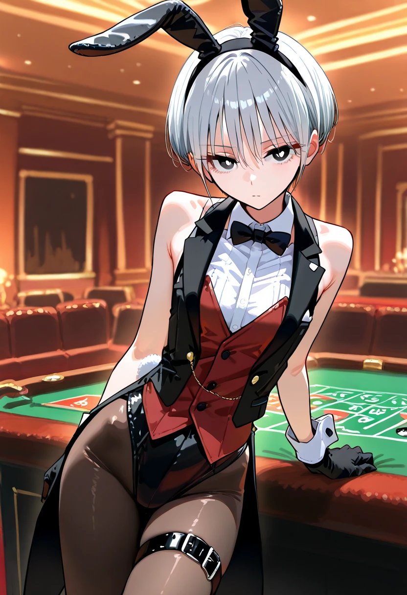 doggy-style bend over betting table, casino anime character, young adult woman, short hair, white hair, black suit, red tie, white gloves, sensual expression, confident posture, big eyelashes, tall, slight smile, sensual look, holding cards inside a casino, masterpiece, cinematography, art. - --auto --s2