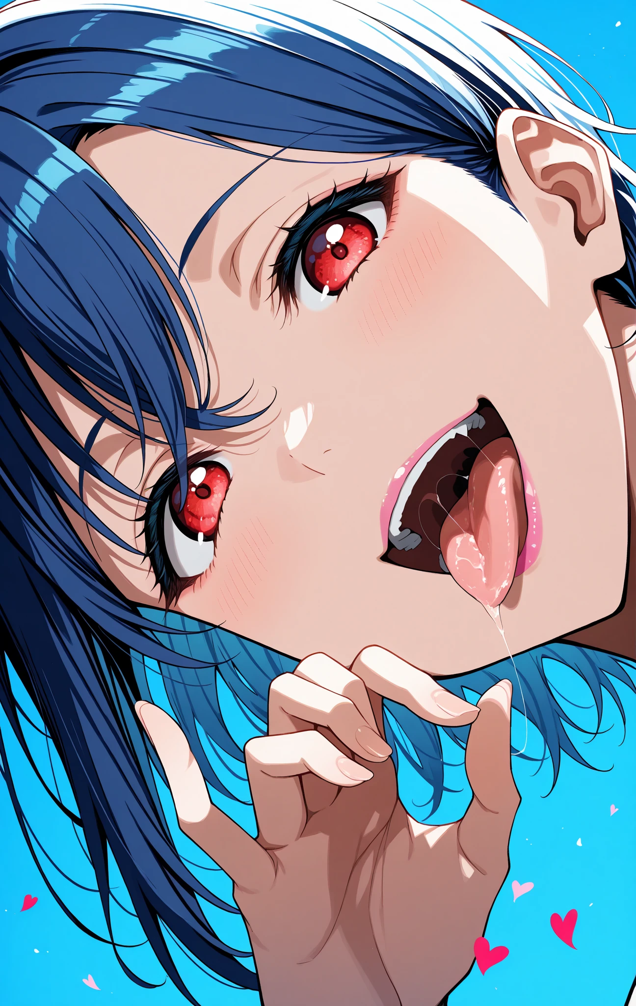 anime screencap, (yuri:2.0), close-up, long hair, black hair, blue eyes, (pussy juice:2.0), (pussy juice in mouth:2.0), (pussy juice on face:2.0), (black lipstick:1.5), smile, heart-shaped pupils, (pussy juice in nose:1.5), uncensored