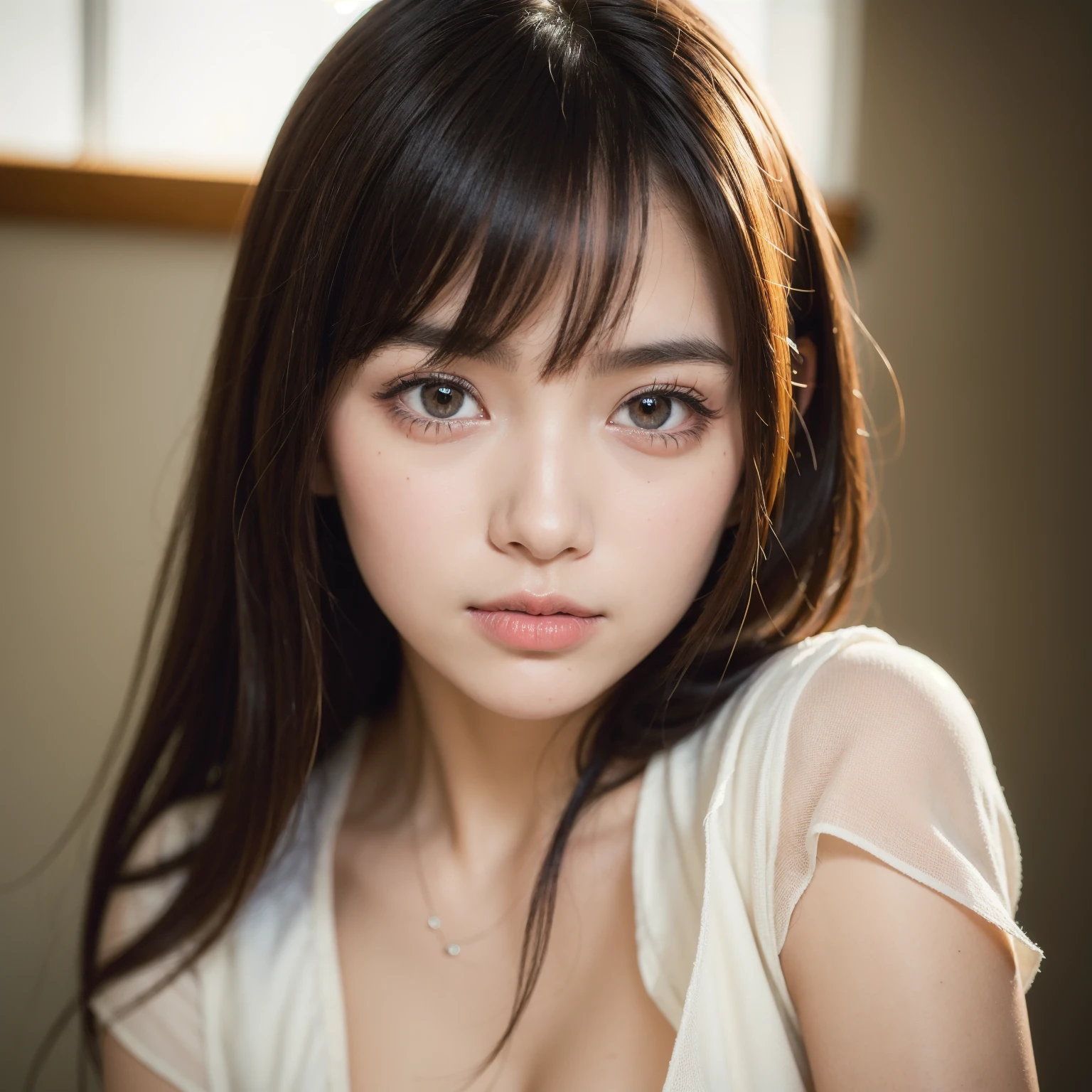 (highest quality、table top、8k、best image quality、Award-winning work)、no sleeve, (red eyeshadow:1.2)、perfect makeup、long eyelashes、Super high-definition sparkling eyes、ultra high definition hair、ultra high resolution glossy lips、Super high resolution perfect teeth、Super high resolution cute face、brown hair、(very short straight hair:1.1)、look at me and smile、[clavicle]、accurate anatomy、With bangs、Super high resolutio n glowing skin、most detailed face、Ultra high resolution detailed faces、ultra high resolution hair、Fashion model 25 years old, [[[[chest]]]], [[[[neck]]], [shoulders]]]]], Perfect eyes, Perfect iris, Perfect lips, Perfect teeth, Perfect skin, Soft front light, Glow, HDR, (Soft color: 1.2), Best quality, masterpiece, ultra high res, (photorealistic:1.37), raw photo, 1girl, long hair, beautifull eyes, beautifull face, detailed eyes and face, t-shirt, dynamic lighting, in the dark, table top, highest quality, realistic, Super detailed, finely, High resolution, 8k wallpaper, 1 beautiful woman, light brown messy hair, Realistic, High Resolution, [[[ Only one girl ]]]], Wavy black hair, Blue eyes, Stylish tank top, full body, Big breasts, Cleavage, Sitting on chair, Pose random, 8K, Very detailed, High Resolution, Facing camera ( One woman), One woman, (Very realistic, High Resolution), ( Very Detailed Eyes, Very Detailed Hair, Very Detailed Face, Very Detailed Plump Lips), (Breast Open Off Shoulder), Breasts, Upper Body, Affectionate Smile, Golden Hair, (Top Quality: 1. 4), Raw Photo, (Realistic, Photorealistic: 1.37), nsfw,Highest Quality, Highest image quality, RAW Photos, Realistic, Photorealsitic, ultra detailed and beautiful, highest details, 1young girls, good-looking, Beautiful fair skin and luster, Beautiful eyes are big and bright, Small mouth and thin lips,