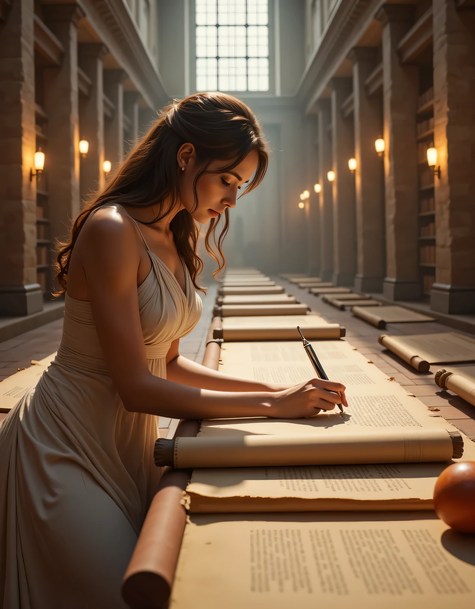 A hyper-realistic ultra wide scenery image shot of a prehistoric beautifully anciently greek female writer writing loads of anciently scripted long size length scroll in front of her, symmetrically balanced in image composition. The beautifully ancient writer is depicted in a full body angle view, showcasing her lively, lusciously vivacious, and shapely body. She is wearing a realistic cultural greek long toga dress. The scene includes a well-rounded prehistoric greek female writer holding wrote on a long stacked of ancient papyrus scrolls on the big size table, and smiling. The background features ancient scroll library with central leading lines, creating a sense of depth on ultra-wide angle. The image has UHD ambience, with a zoomed-out perspective, realistic textures, soft lighting, and a wide-angle view. The scholar's hands are accurately detailed with full human finger anatomy, and her hair is shiny and lifelike. The overall style is reminiscent of Far Cry 5 game artwork, with additional details and body fixes applied. The combination of influenced of SandalPunkAi Artwork and BronzePunkAi Artwork. (Soft lighting concept).