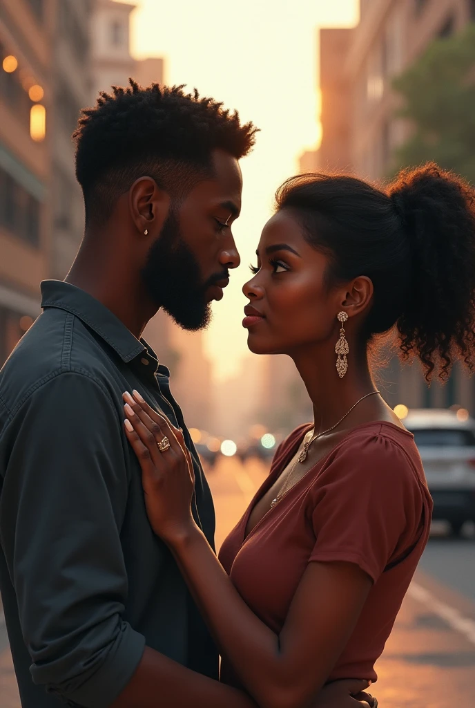 Un chanteur noir de 28 ans avec des locks court, une moustache et un bouc sur scène en plein air entrain de chanter et regarde une femme noire avec des yeux remplie de larme.
L'atmosphère est remplie d'émotion, une ambiance sombre avec des sentiments complexes flottent dans le paysage 