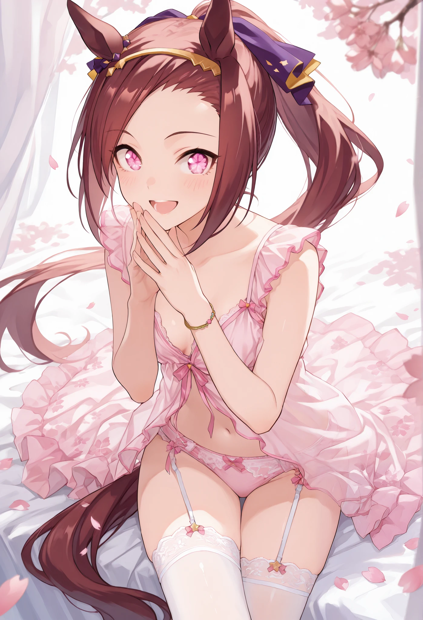 {{{masterpiece}}}, {{{ best quality }}}, {{ More details}}, {illustration}, {{ very delicate and beautiful }}, detailed skin, detailed eyes {{{Uma Musume}}},{{{sakura bakushin o:1.7}}},{ Sheer Cherry Blossom Pattern Open Front Babydoll},{ pink lace panties},{ White Lace Stockings },{ White Lace Garters },{{{smile}}}、{{{fine}}},}}{ maroon hair in the garden }, Right Ear Ornament , ponytail,{{{ Cherry Blossom Petal Eyes }}},{{{ Raise your hands:1.7}}},{ talk with your mouth open }