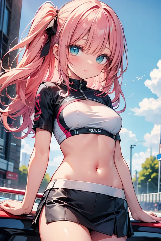 masterpiece, best quality,anime style, 1 girl,(((slender body))), (((small eyes,small breast))),(((Jacket, Open your clothes, Open jacket, Blue jacket, ground vehicle, Sports Bra, bicycle,buruma))),((((cum)))), (beautiful face), (((single braid))), (((straight hair))), ((((pink hair)))),detailed beautiful skin, (perfect hands, perfect anatomy)