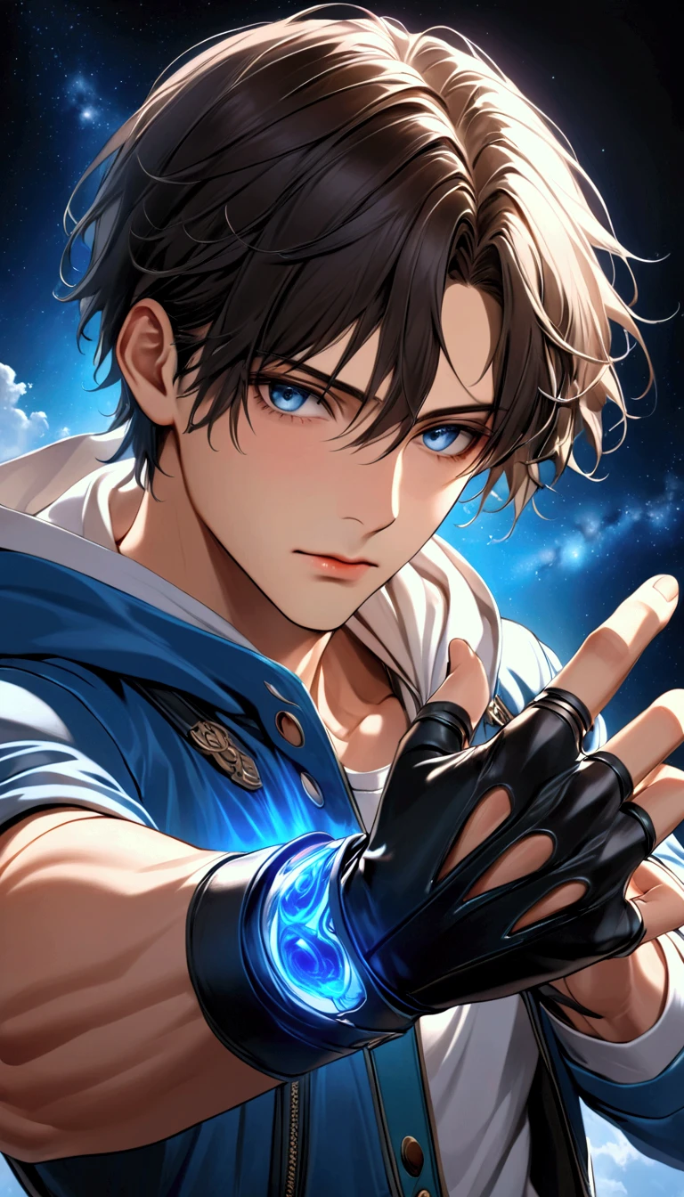 (masterpiece,  best quality:1.2), dark haired young man"Asuka", clothing:  white hoodie with blue jacket, Black Leather Fingerless Driver's Glove ,  Upper Body Focus ,  bust up shot,simple background with a starry sky on one side, The act of retightening the right hand glove raised with a serious expression with the left hand（ pose with the right hand ajar with the back of the hand facing outward and the left hand placed on the right wrist）,Rin々Shi, cool design art , best quality, shape,  very detailed, fine,  high resolution, 8k wallpaper, Biologically accurate depiction, Real 2D Digital Art,A blue aura rises violently from the whole body,psychic action hero, 