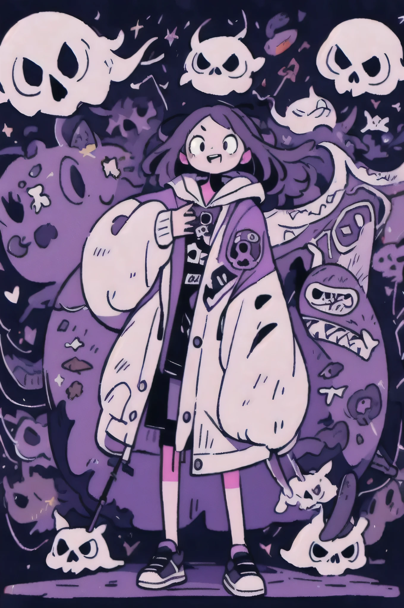 Masterpiece,best quality,highres,extremely clear 8K wallpaper,high quality, mj-tyg,solo,(1boy:1.1), undead mage,wearing a hooded cloak,long gray curly hair,sharp piercing gaze,Evil smile,Face shadows,dim background,Light and shadow effects,stand up,Holding a huge scythe,Controlling purple magical energy in his hands,Surrounded by skulls