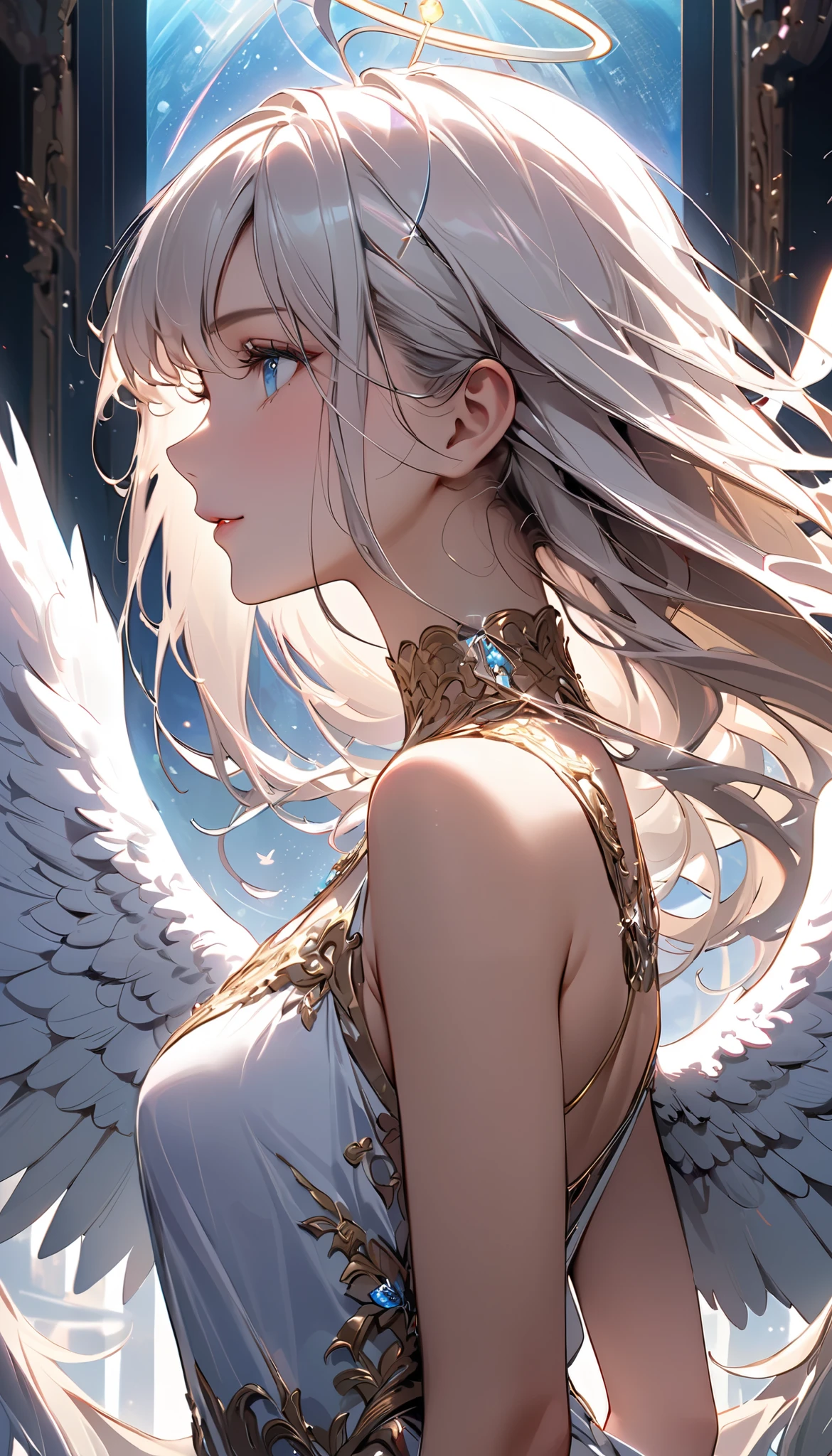 (((plofile:1.5)))、facing to the right, showing the left side of her face,( composition with characters standing in the center of the screen:1.2)、(((very wide view:1.5))),((( hyperdetail :1.5))), (((masterpiece, 最 High Quality , Top Masterpieces、 more details, Best Shadow:1.5))), (Extremely beautiful and detailed eyes ), (Best lighting, Extremely Delicate and Beautiful Face ), ((( 1 woman, Alone,White hair color、 straight long hair, Kind Face, light blue sparkling eyes , How to do it、Take a picture of her from the side like in a photo book:1.5))),( A Young and Very Beautiful Angel )、(((16K resolution:1.5)))、(Extremely beautiful and detailed face ), white goddess dress、Very kind smile 、 High Quality , high resolution, 16k, long shiny, clear white hair、 long eyelashes , clean skin, Beautiful Legs, ((( with angel wings on their backs :1.5)))、 depth of field of the sunset、(((profile:1.5)))