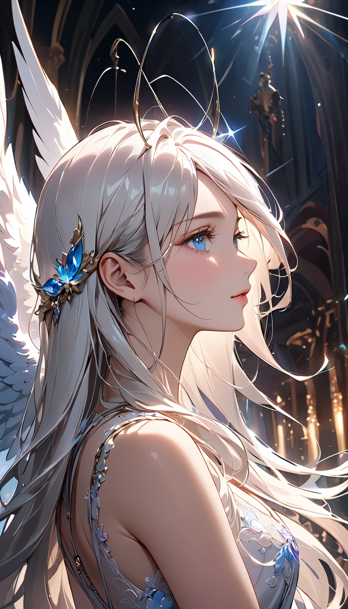 (((plofile:1.5)))、facing to the right, showing the left side of her face,( composition with characters standing in the center of the screen:1.2)、(((very wide view:1.5))),((( hyperdetail :1.5))), (((masterpiece, 最 High Quality , Top Masterpieces、 more details, Best Shadow:1.5))), (Extremely beautiful and detailed eyes ), (Best lighting, Extremely Delicate and Beautiful Face ), ((( 1 woman, Alone,White hair color、 straight long hair, Kind Face, light blue sparkling eyes , How to do it、Taken from the side like a photo book:1.5))),( A Young and Very Beautiful Angel )、(((16K resolution:1.5)))、(Extremely beautiful and detailed face ), white goddess dress、Very kind smile 、 High Quality , high resolution, 16k, long shiny, clear white hair、 long eyelashes , clean skin, Beautiful Legs, ((( with angel wings on their backs :1.5)))、 depth of field of the sunset、(((profile:1.5)))、 hair ornaments
