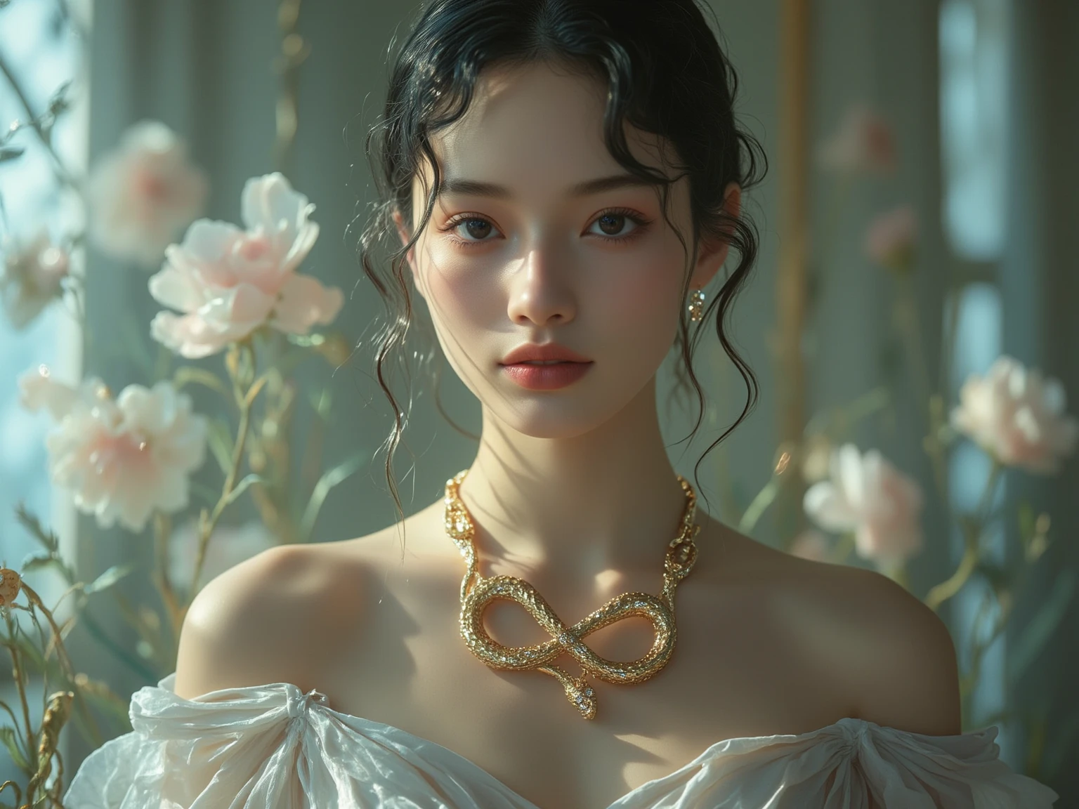 「 A beautiful woman standing indoors with soft light 。Her wavy black hair, which flows down to her shoulders, accentuates her delicate features、Her gentle smile gives off an air of elegance。On her neck、(((Mevius ring shaped necklace with a golden snake motifが輝いている。The necklace is made of a single slender snake that smoothly coils around its body to form an infinite loop、The details of its scales are intricately carved。The snake's head and tail are designed to join、The boundaries between them are almost imperceptible、It reflects light as if it were alive)))。
((((Mevius ring shaped necklace with a golden snake motif)))),Möbius ring
The metallic luster that shimmers in the colors of the rainbow、It shines gently in the soft light around it、The entire necklace gives off a mysterious aura。Small gems are embedded in the snake's eyes、The faint glow of the snake、enhances the woman's elegance。 Her dress is simply and elegantly tailored in light pastel colors、Highlighting the intricate design of the necklace。 and a fuzzy flower pattern floats in the background 、The overall quiet and harmonious atmosphere further enhances her presence 。」