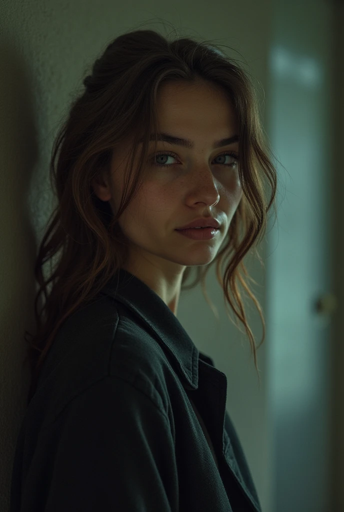 polaroid photo, night photo, smiling shyly, sitting in corner of dark room, beautiful slim Ukrainian woman, wearing cammo pants and green tight shirt, pale skin, dirty face, motion blur