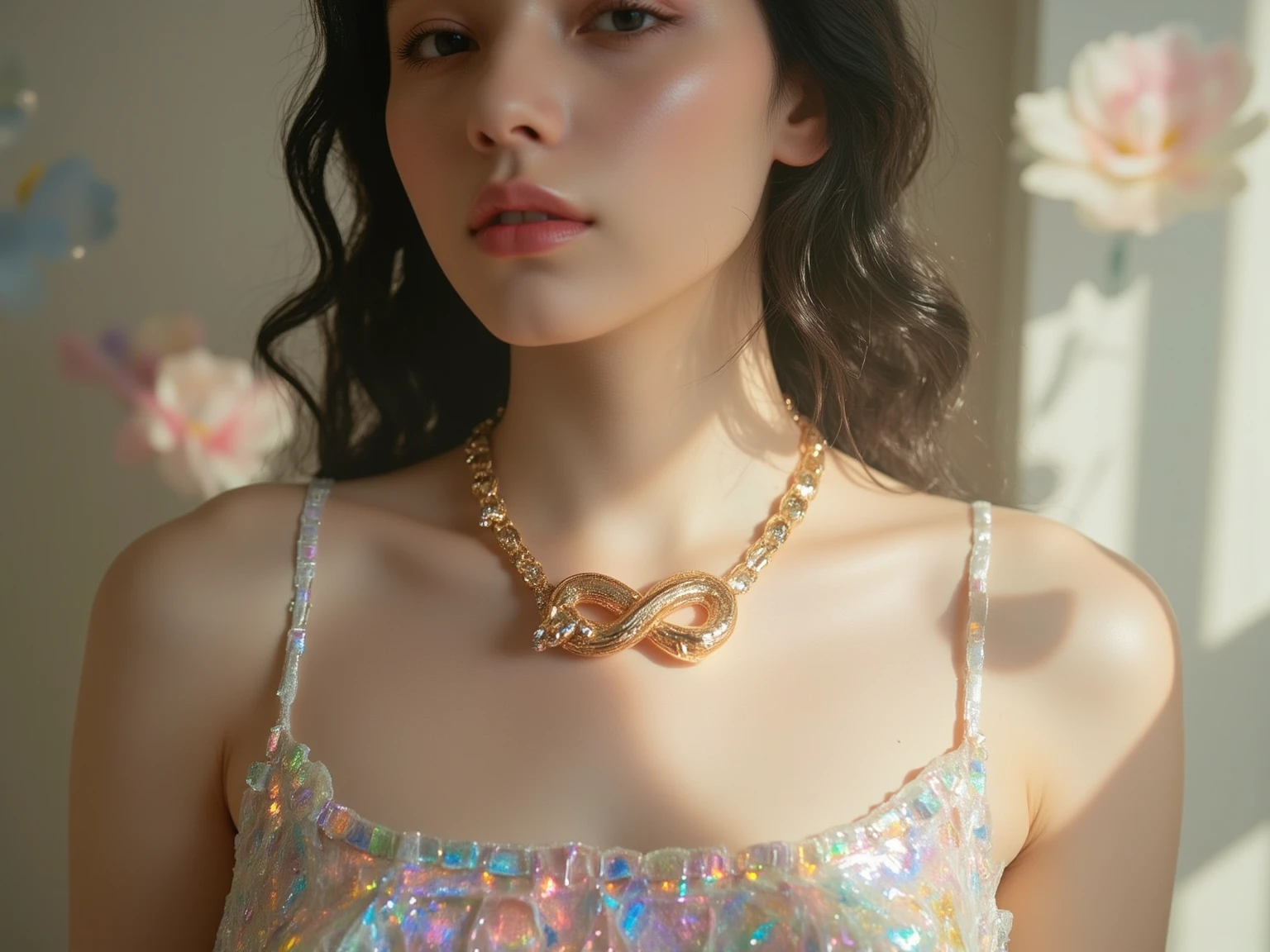 「 A beautiful woman standing indoors with soft light 。Her wavy black hair, which flows down to her shoulders, accentuates her delicate features、Her gentle smile gives off an air of elegance。On her neck、(((Mevius ring shaped necklace with a golden snake motifが輝いている。The necklace is made of a single slender snake that smoothly coils around its body to form an infinite loop、The details of its scales are intricately carved。The snake's head and tail are designed to join、The boundaries between them are almost imperceptible、It reflects light as if it were alive)))。
((((Mevius ring shaped necklace with a golden snake motif)))),Möbius ring
The metallic luster that shimmers in the colors of the rainbow、It shines gently in the soft light around it、The entire necklace gives off a mysterious aura。Small gems are embedded in the snake's eyes、The faint glow of the snake、enhances the woman's elegance。 Her dress is simply and elegantly tailored in light pastel colors、Highlighting the intricate design of the necklace。 and a fuzzy flower pattern floats in the background 、The overall quiet and harmonious atmosphere further enhances her presence 。」