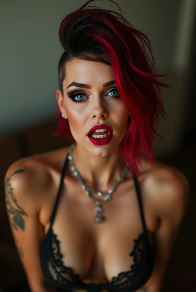 (Masterpiece, high quality, 4k) muscular goth woman, red and black hair, war paint, exposed breasts, bending over a chair