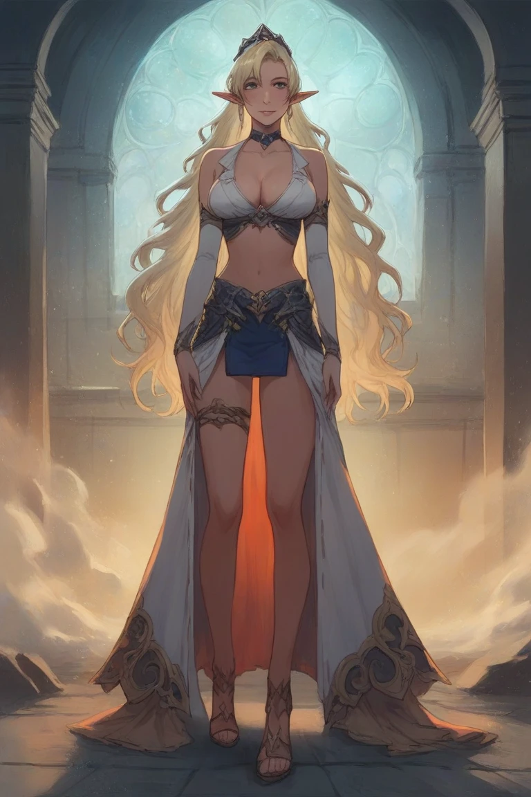 masterpiece,highest quality,Ultra high definition, Appearance of nobility and wisdom, wizardly strength, blond hair, sharp eyes, long pointed ears, sumptuous clothing, silk or fine fabrics, bright colors, intricate patterns, tall towers, ancient forests, environment they live in, blond hair