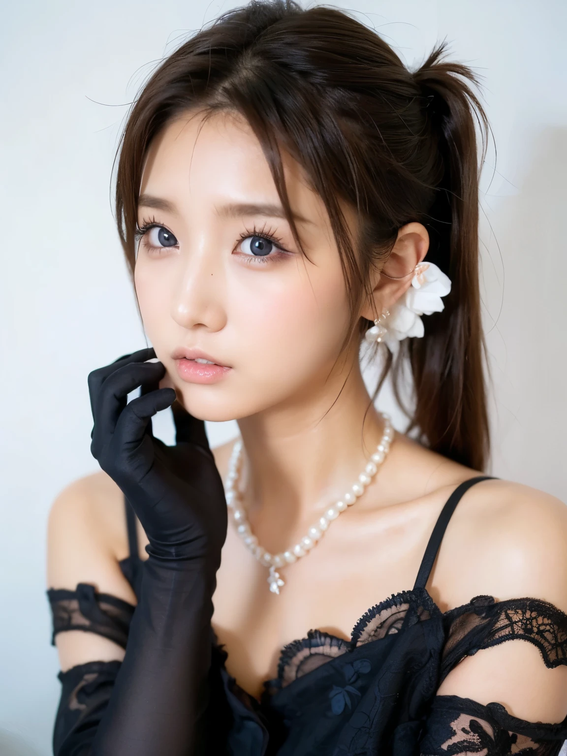 32K, masterpiece, top quality, ( Beautiful Korean Women Placing Hands ) Gothic ta Portrait , Long Black Braids Twin Tails , Flower hair ornament, blue-white skin, rosy cheeks , blue eyes, Pearl Earrings , Choker Necklaces , Layered Necklaces , Black Lace Gloves , Off Shoulder Pink Dress , Ethereal Lighting , soft focus, Anime-Inspired Makeup , Whimsical Look , High contrast images, Studio Photos , Cosplay Aesthetics