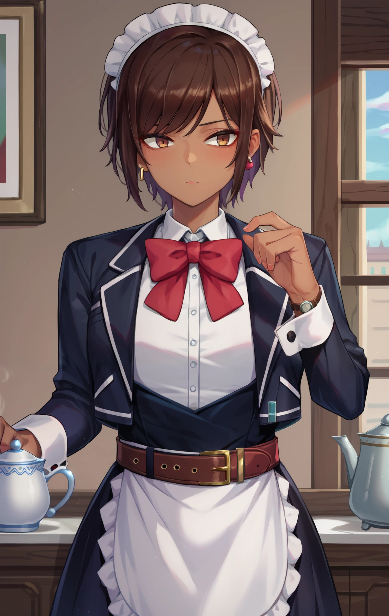 score_9, score_8_ up, score_7_ up, Breakout is SDXL, 1 girl in the best, Alone, watch viewers, , short hair , tea hair, long sleeve , dress , bow, brown eyes, jacket , cowboy shooting, earrings, Puff Sleeve , belt, Dark Skin, bowtie, apron, red bow, dark skinned woman, put your hands on your lower back , Maid, Maid head dress , red bowtie, Maid apron,