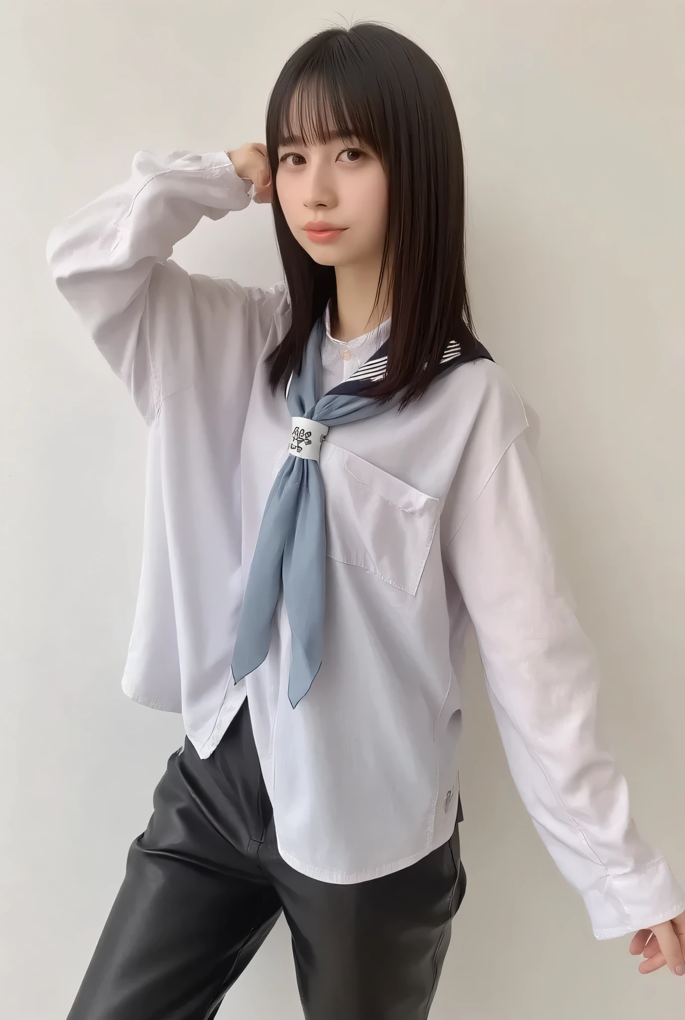 (masterpiece、Highest quality、Very detailed)、髪の色は深いDark brownです、Soft Waves、
(Skin is smooth、Lightly reflects light、Healthy shine)、(eyeはアーモンド型です、eye:Dark brown)、Long eyelashes、Flexible curls、Each one is clearly visible、Thin eyeliner、Natural eyelash shadow)、(Natural pink cheeks)、(Thick lips、smile)(Japan people in uniform、A white shirt with a distinctive sailor collar、Navy blue scarf)、(Summer clothes)、(Navy blue pleated mini skirt、inseam length)、(Beach、彼女の全身と表情に注eyeしてください)、(((eyeのハイライトと肌のディテール、Realistic details)))