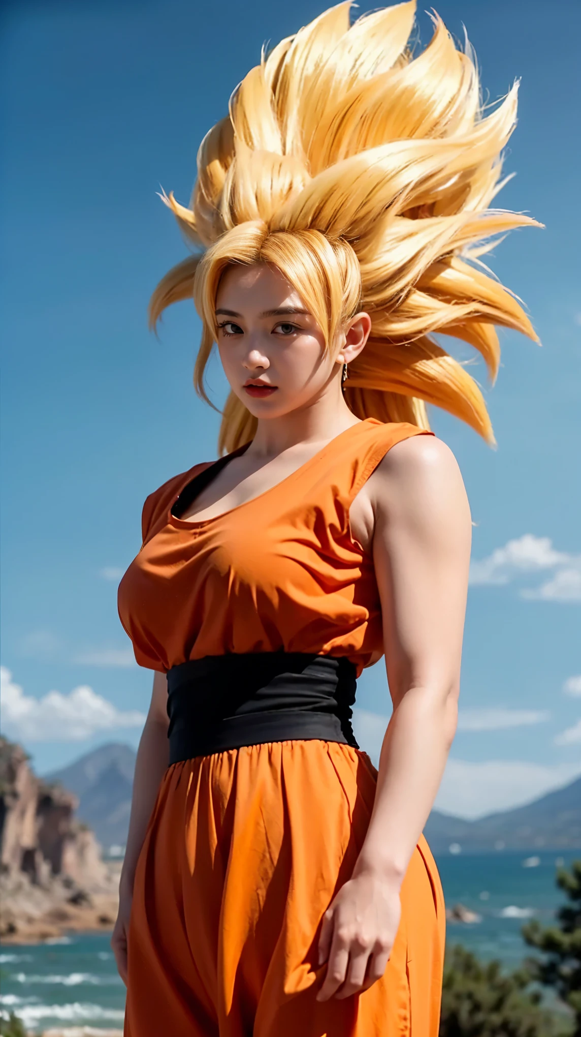 A beautiful and sweet 27-year-old Japanese woman is cosplaying as Son Goku in his Super Saiyan 3 form. She has long, spiky yellow gold hair flowing down her back. Her body is tall, curvy, with a feminine physique, large breasts, firm breasts, thin lips, shiny lips, blue eyes, large pupils. She is wearing a detailed cosplay costume inspired by Goku's traditional orange and blue outfit, modified for a female version, emphasizing her figure while staying true to the original design (((realistic cosplay))). The background is a dramatic, realistic rocky landscape.