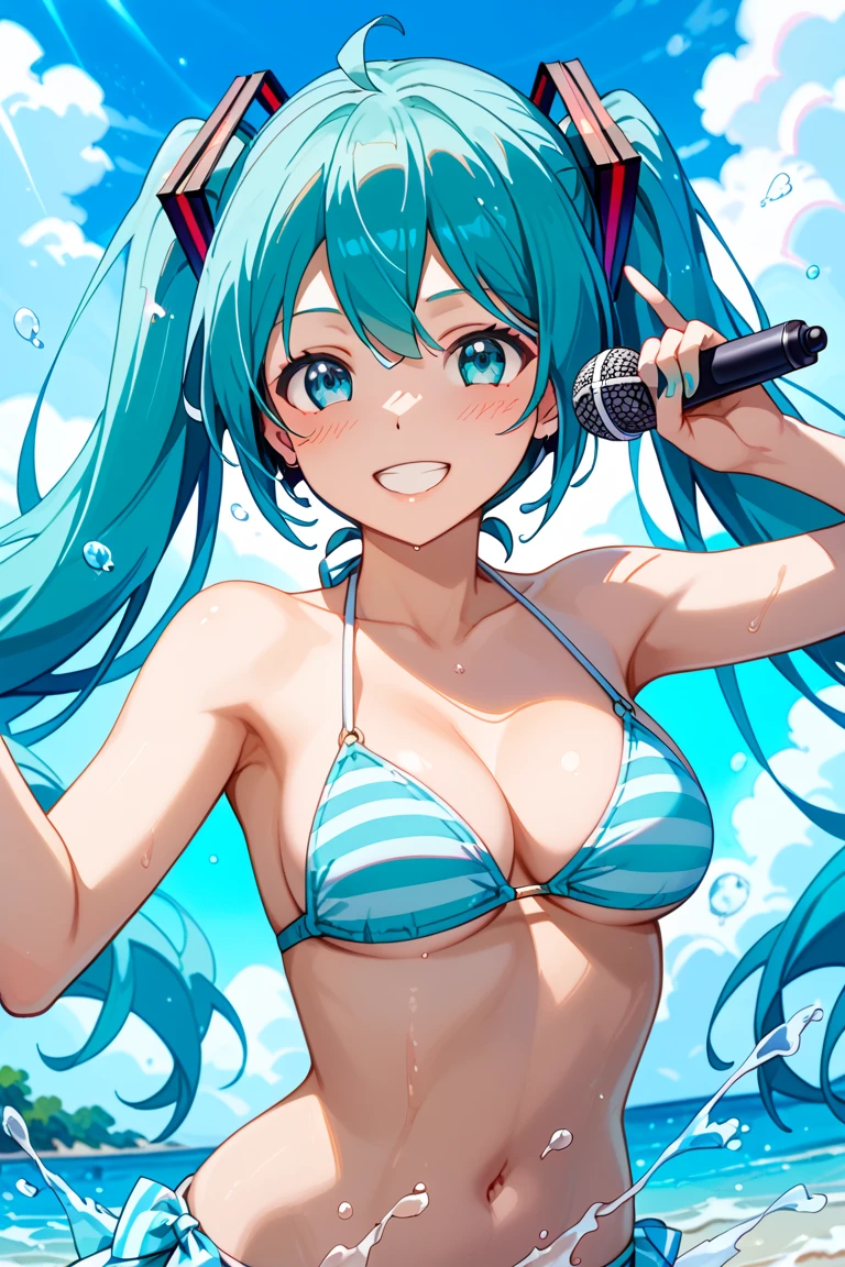 Hatsune Miku wearing a yellow Brazilian top and shorts, that he has sunglasses and is in anime style on top of a speaker 